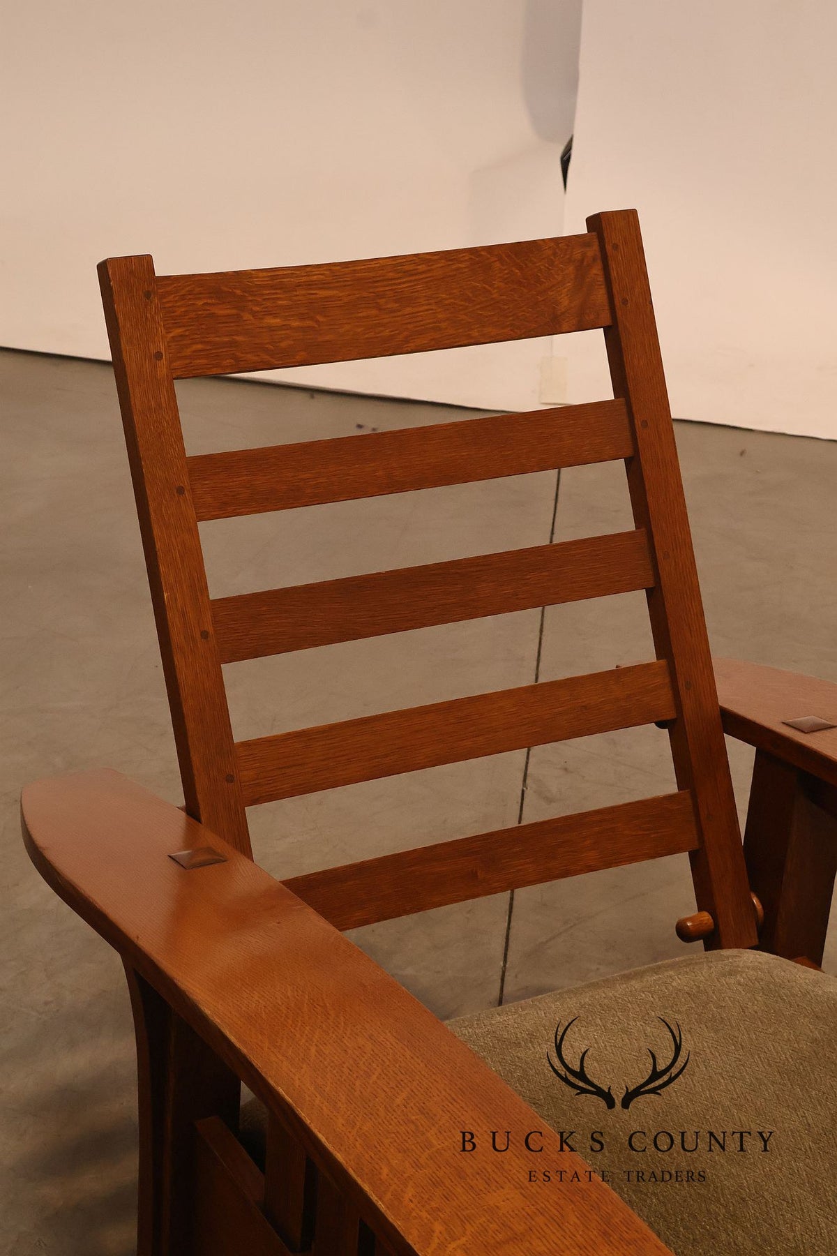 Stickley Mission Collection Oak And Custom Upholstery Bow Arm Morris Chair