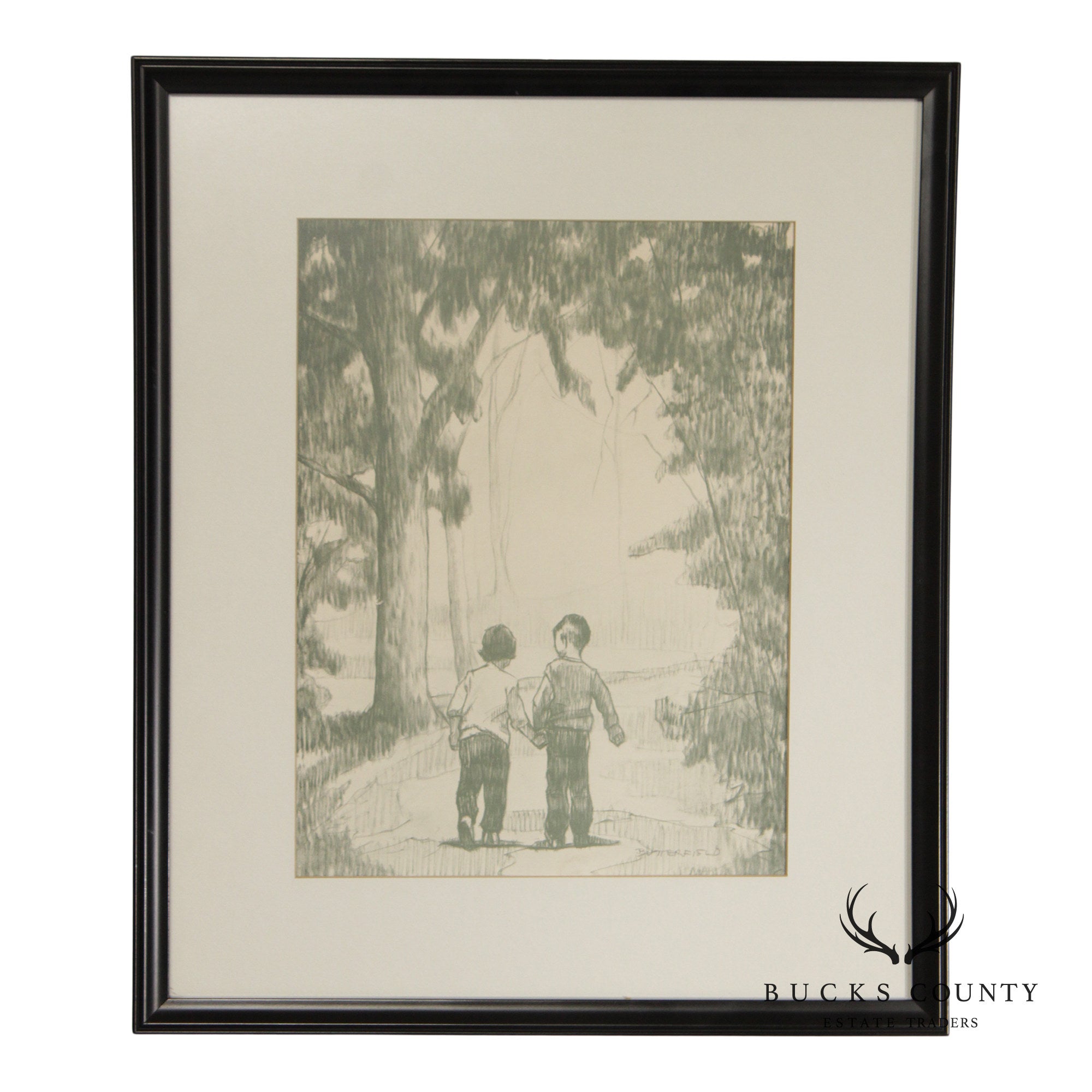 W. Cortland Butterfield Framed Drawing, Children in a Wood