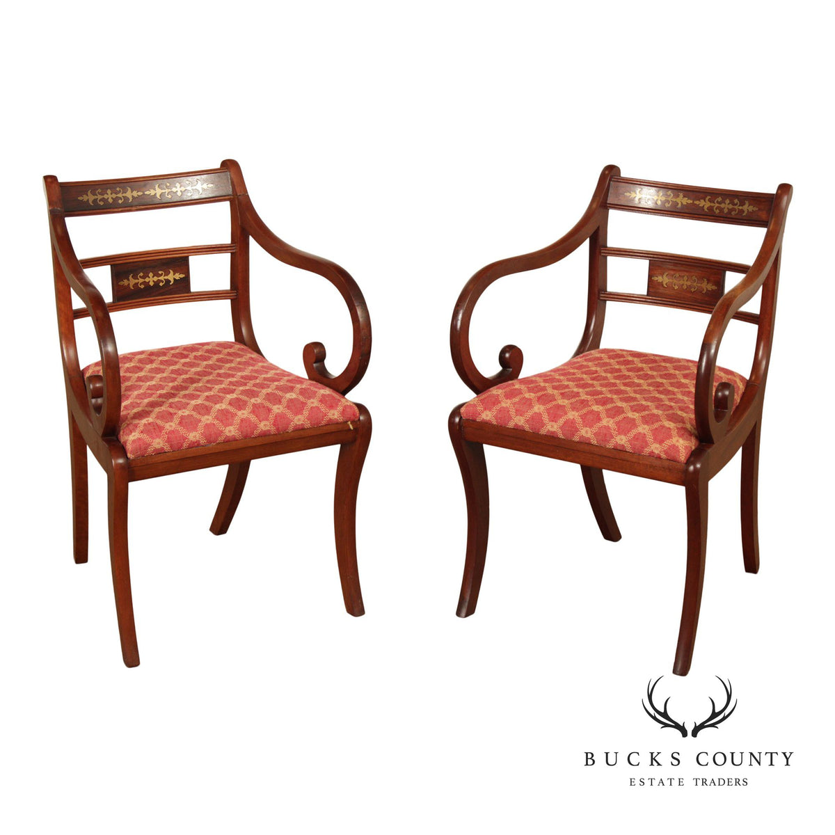 Antique English Regency Style Pair of Rosewood Brass Inlaid  Armchairs