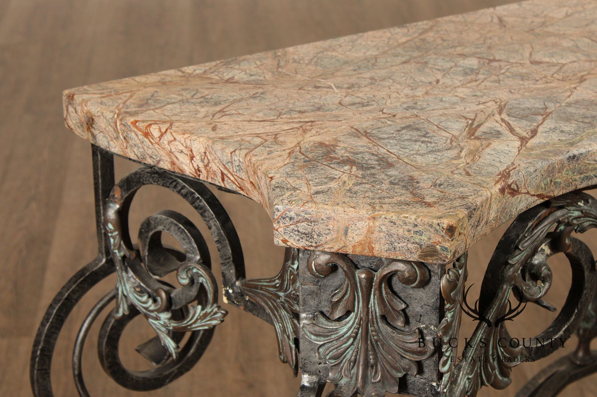 Maitland Smith Italian Rococo Style Scrolled Iron And Bronze Marble Top Console Table