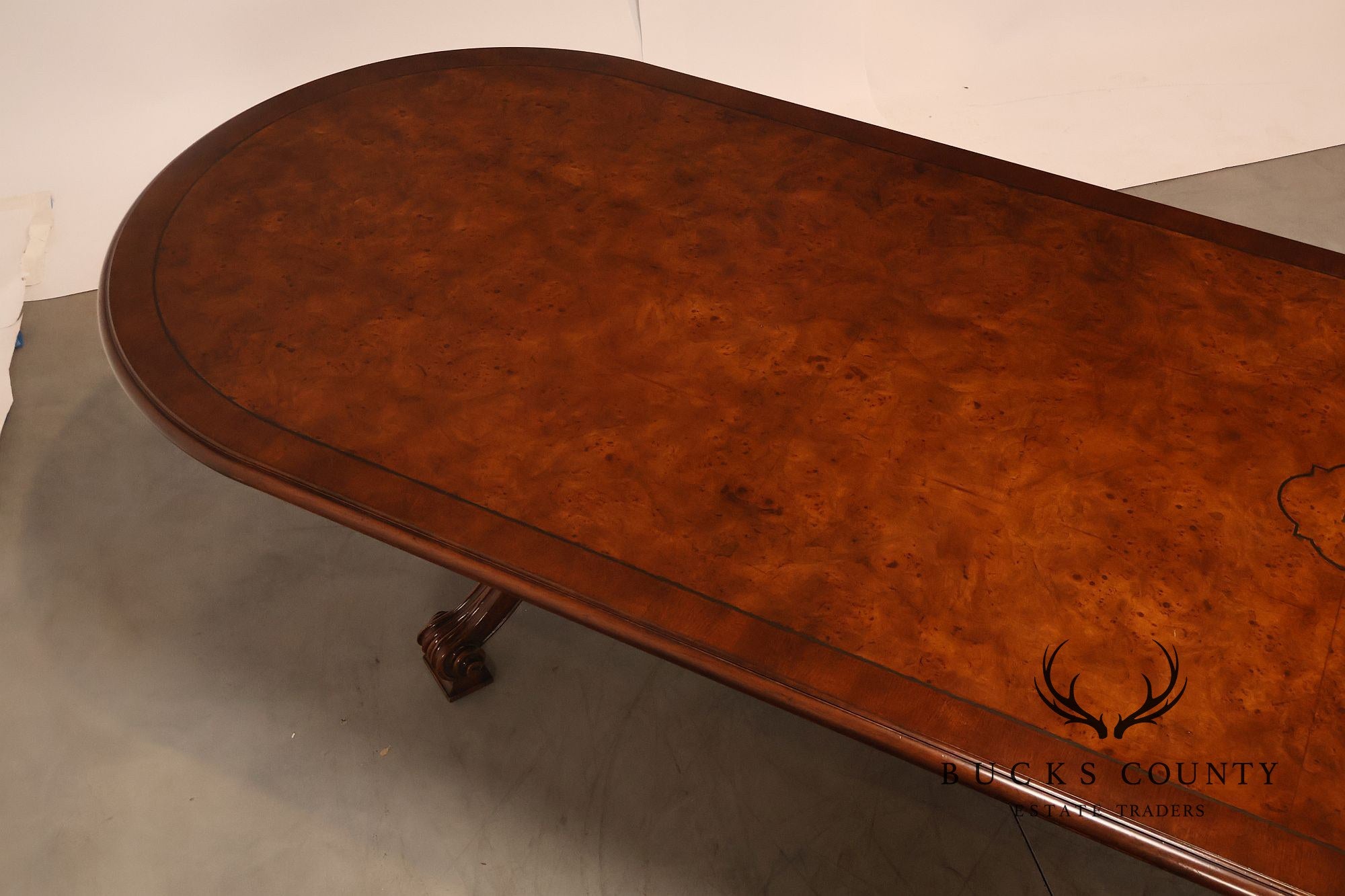 Dessin Fournir Banded Burlwood Large Double Pedestal Banquet Dining Table