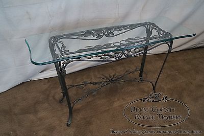 Ornate Leaf Design Iron Glass Top Sofa Table Console