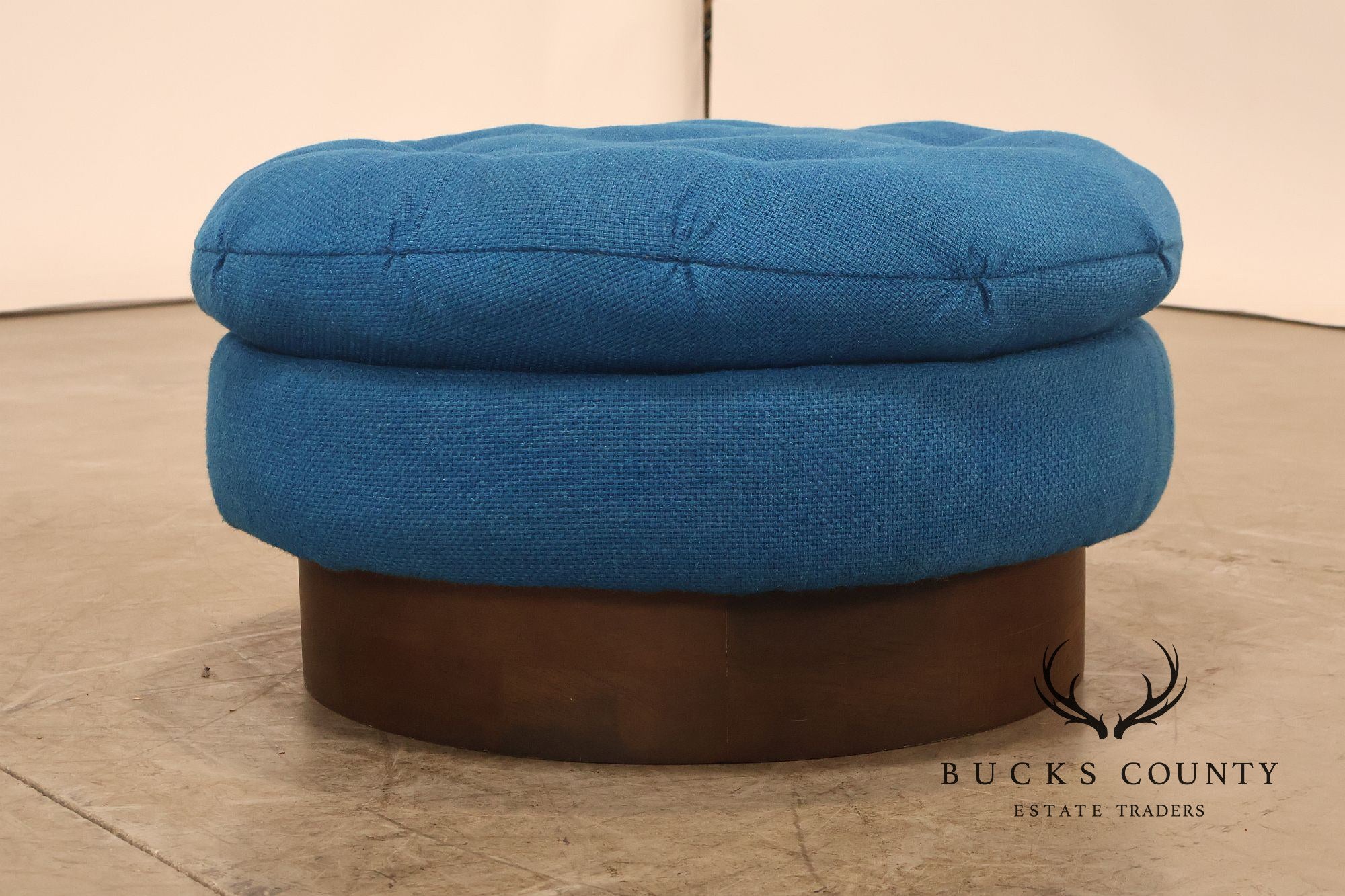 Vintage Schnadig Mid Century Modern Round Blue Upholstered Ottoman