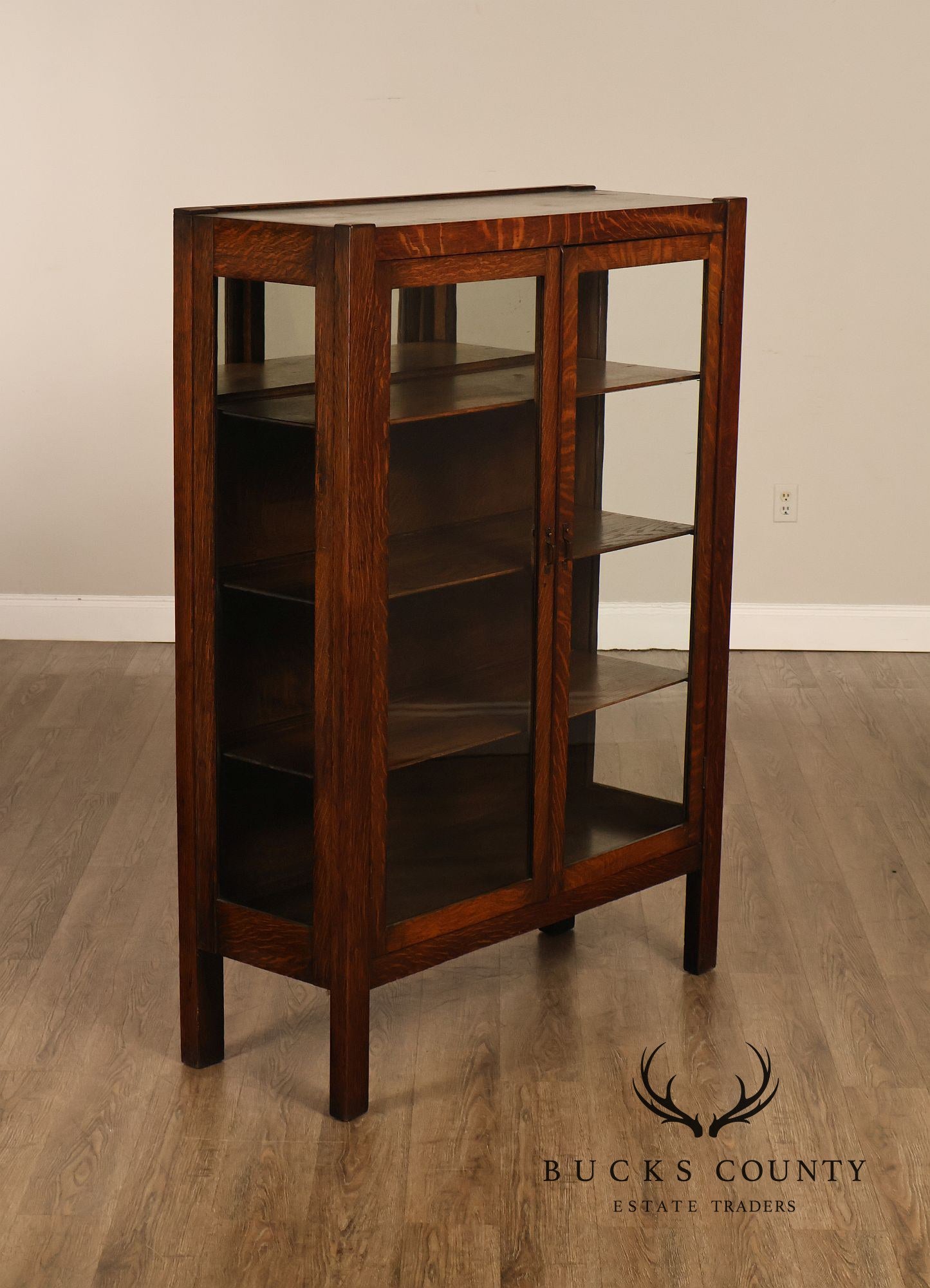 Antique Grand Rapids Oak Arts & Crafts Glass Door Bookcase Cabinet