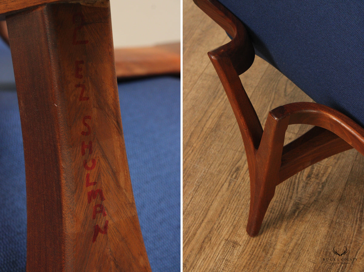 Quality Mid Century Modern Unusual Sculpted Walnut Pair Of Three Legged Lounge Chairs