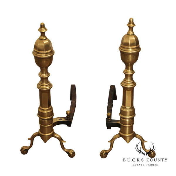 CHIPPENDALE STYLE QUALITY PAIR OF BRASS FIREPLACE ANDIRONS