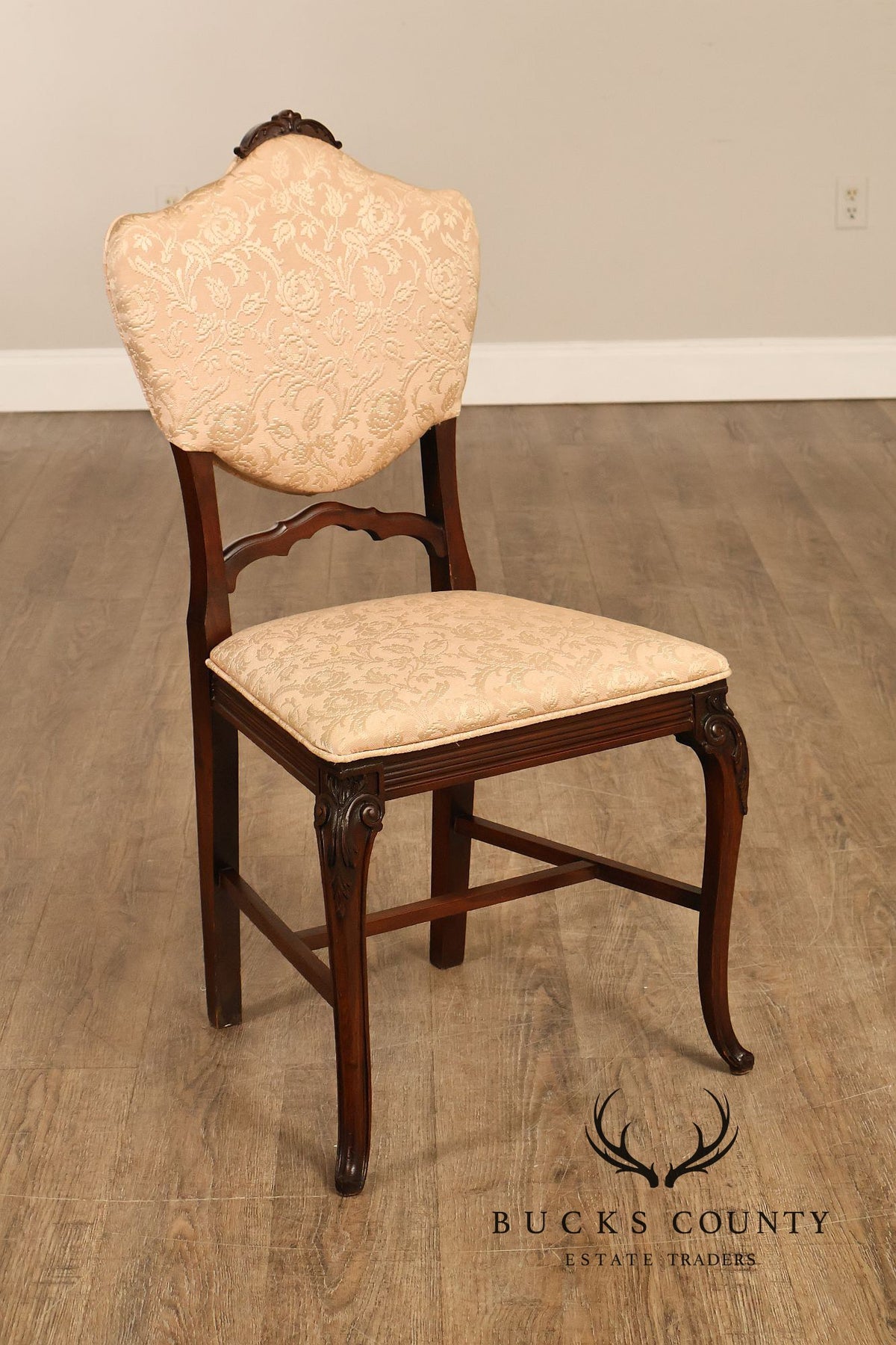 Traditional Mahogany Carved Side Chair With Floral Damask Upholstery