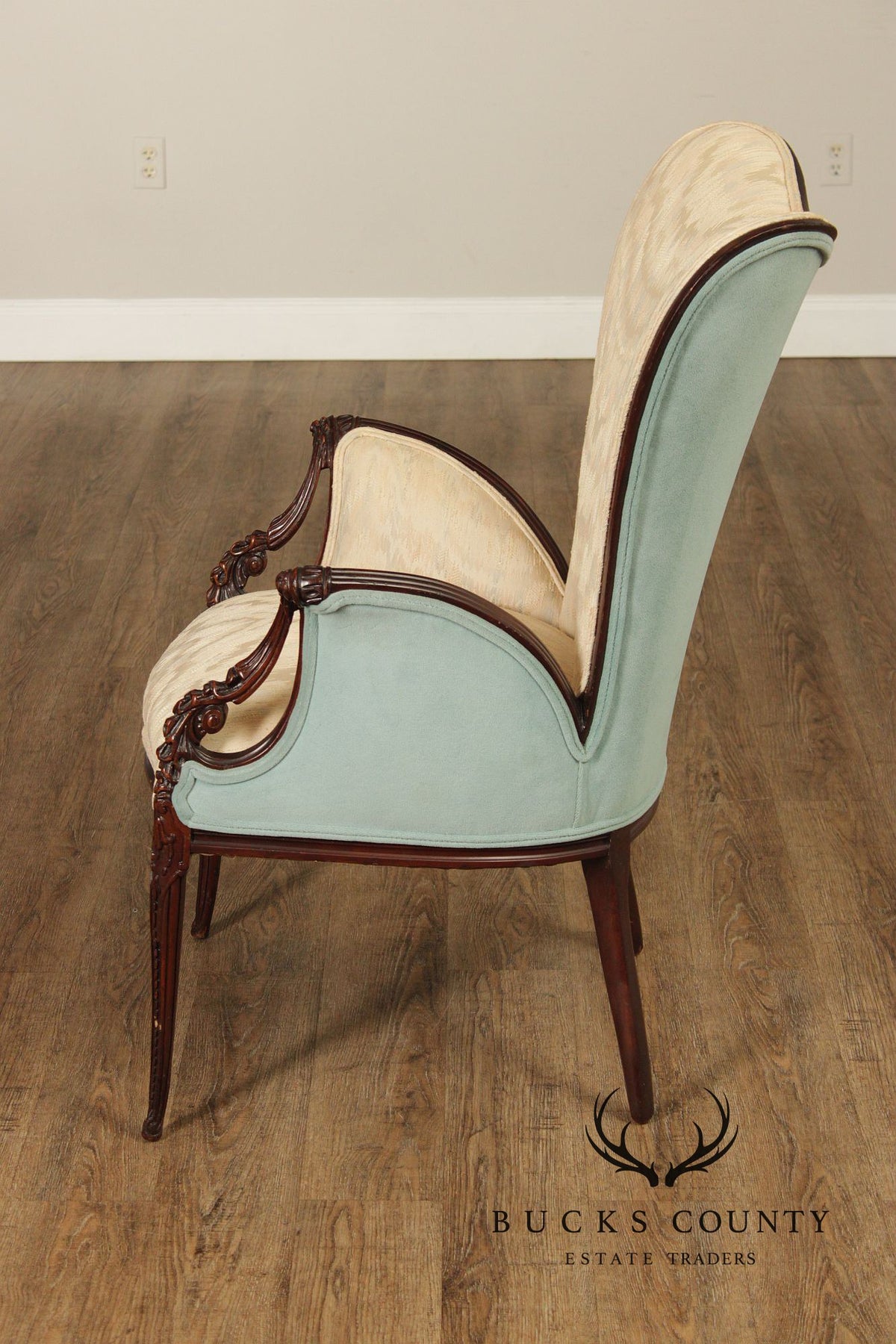 Vintage Mahogany Carved Fireside Armchair With Two-Tone Upholstery