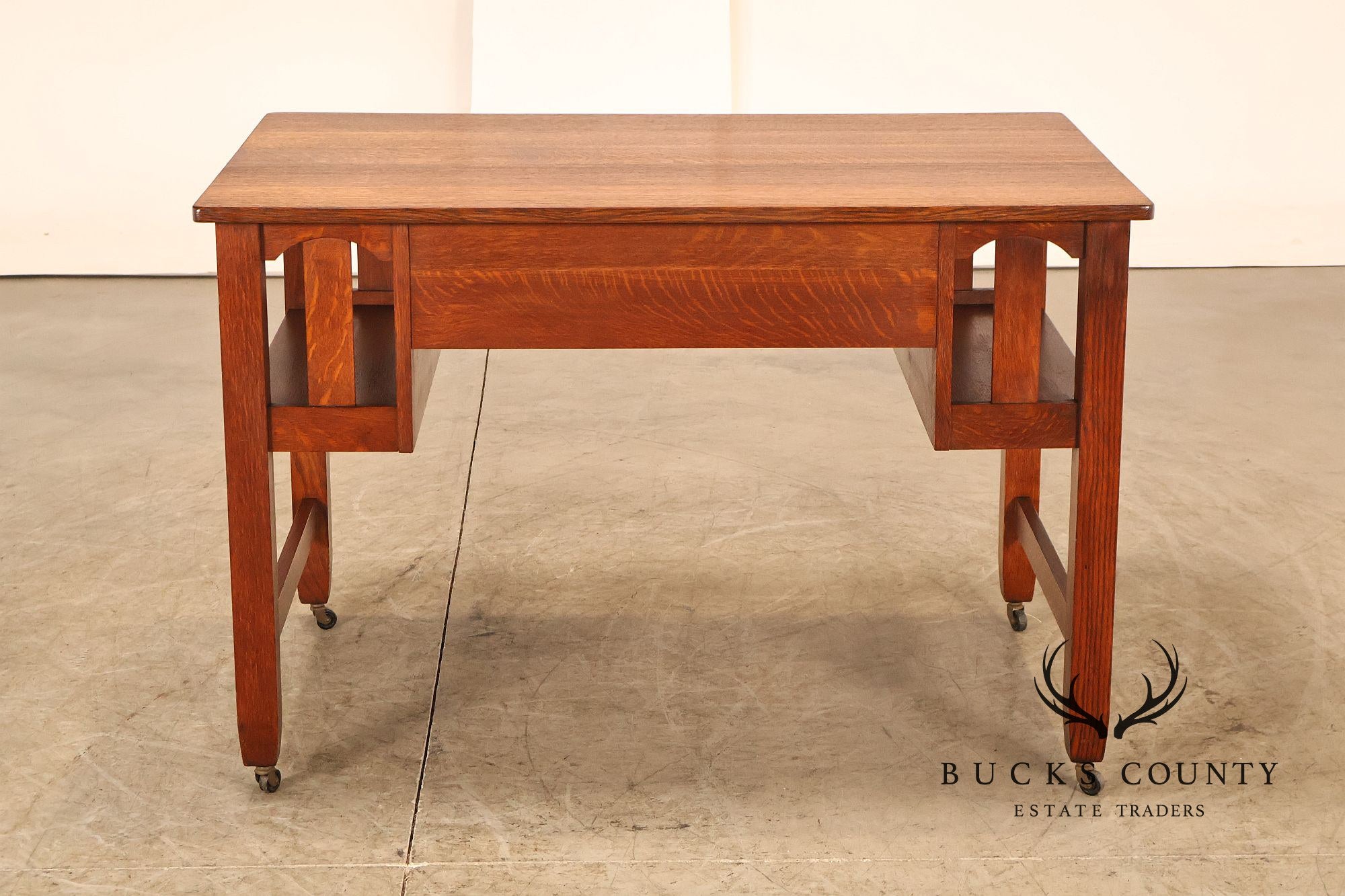 Antique Arts And Crafts Mission Oak Writing Desk With Built-In Side Bookcases