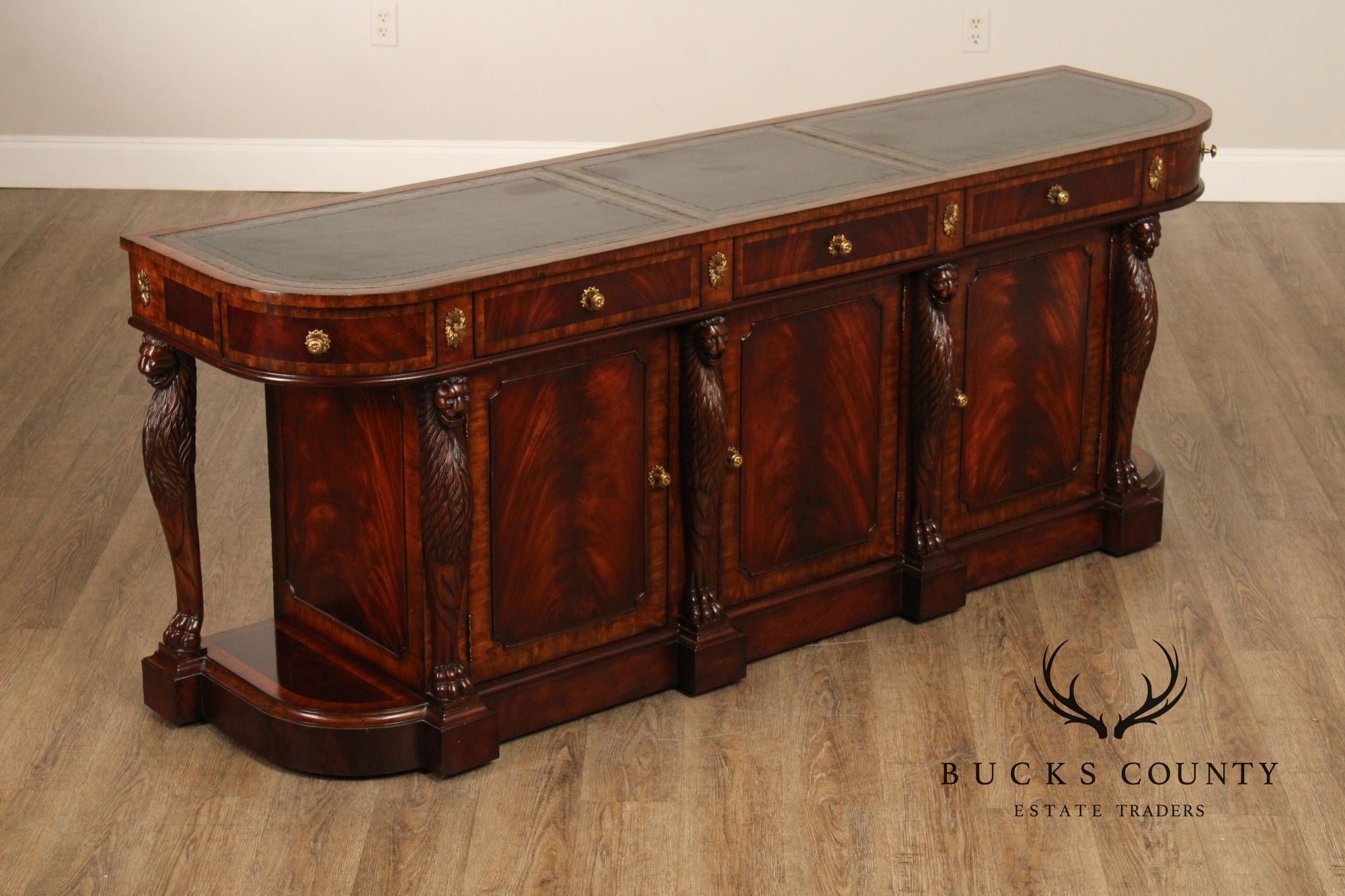 Maitland Smith Leather Top Mahogany Long Credenza