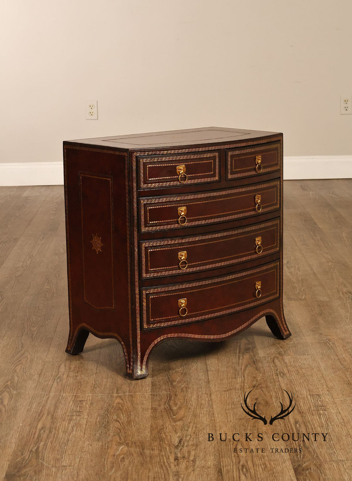 Maitland-Smith Neoclassical Leather Wrapped Bow Front Bedside Chest