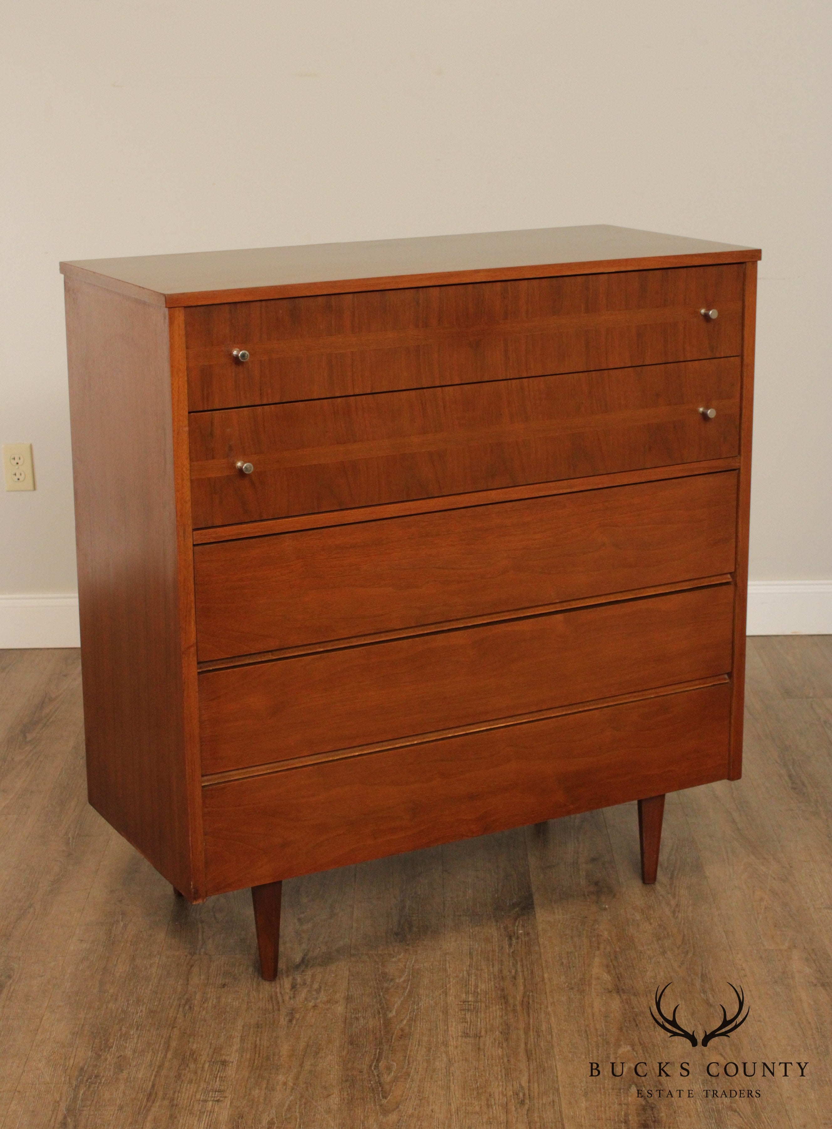 Mid Century Modern Vintage Walnut 5 Drawer Tall Chest