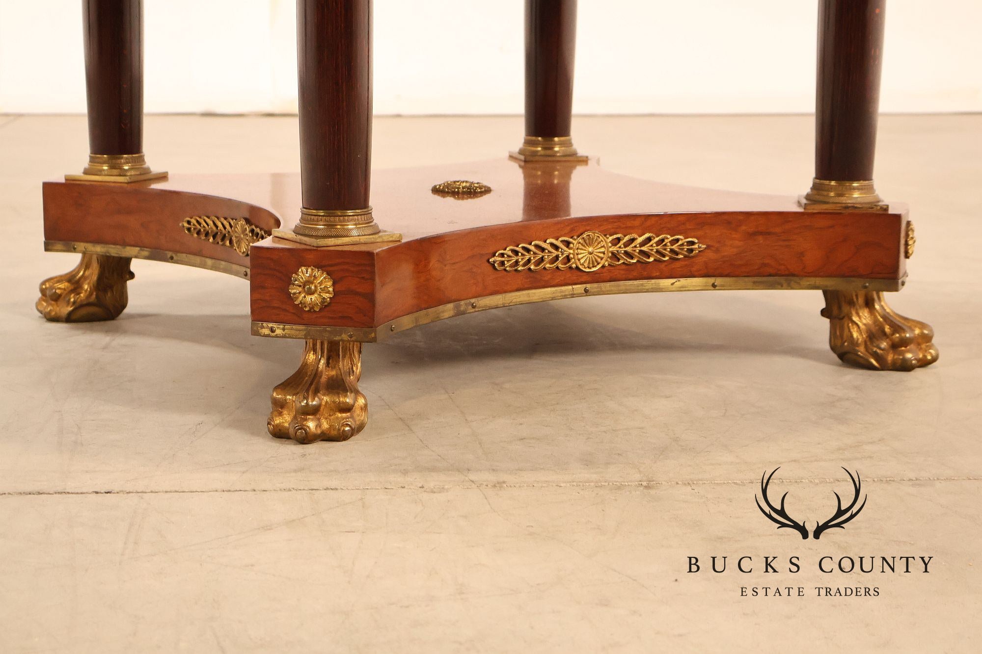 Empire Style Ormolu Mounted Round Marquetry Inlaid Cocktail Table