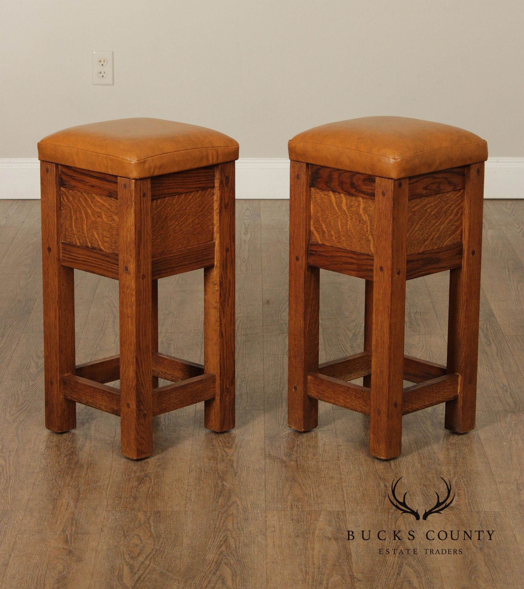 Mission Style Pair of Oak Counter Stools