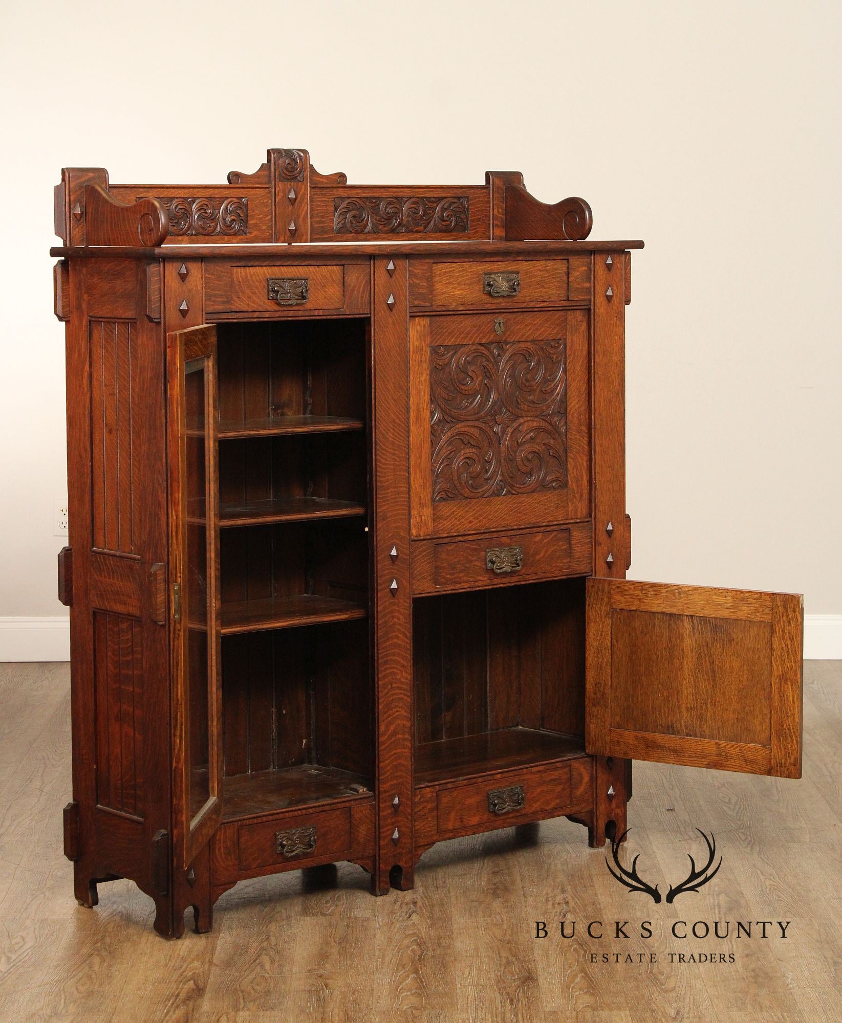 Antique Arts And Crafts Period Carved Oak Secretary Desk Bookcase