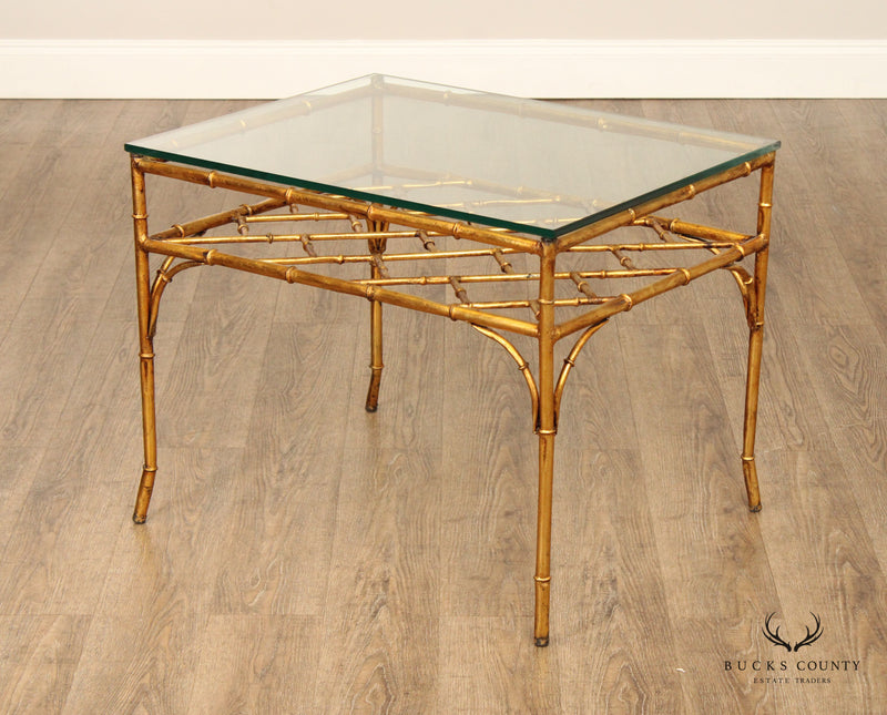 Hollywood Regency Style Vintage Glass Top Faux Bamboo Side Table