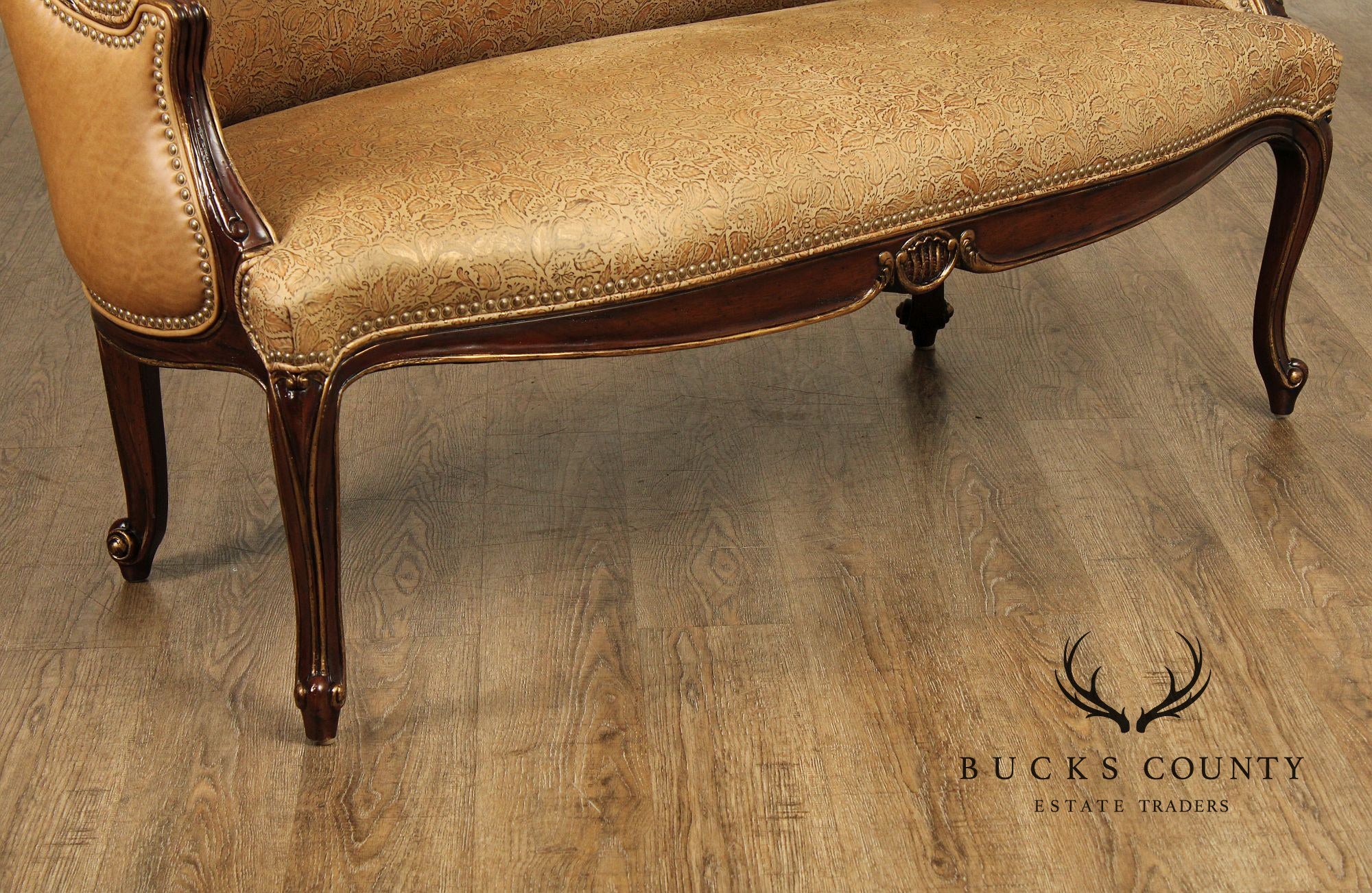 French Louis XV Style Mahogany And Embossed Leather Settee