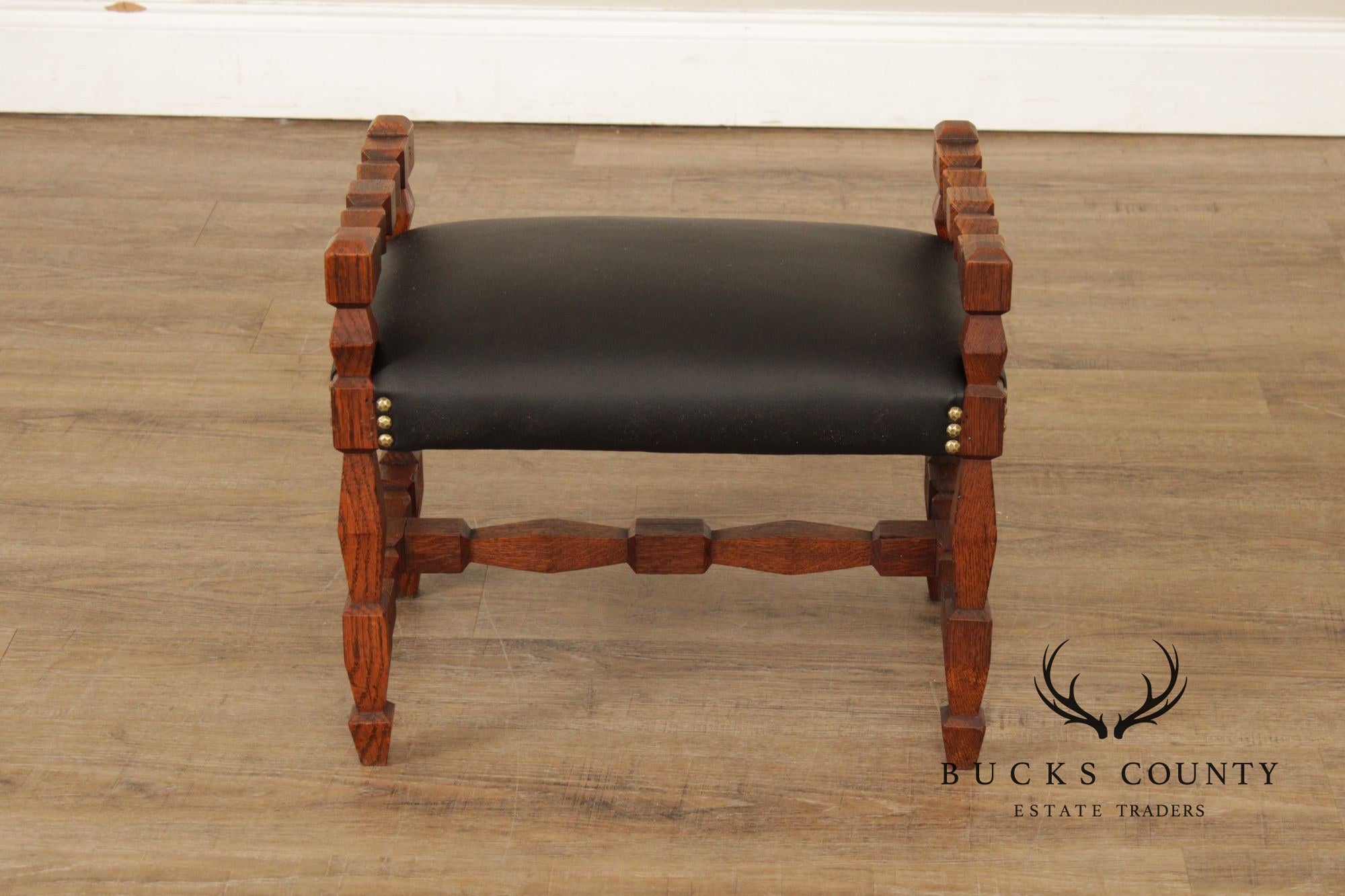 Unusual Antique Arts & Crafts Carved Oak Bench
