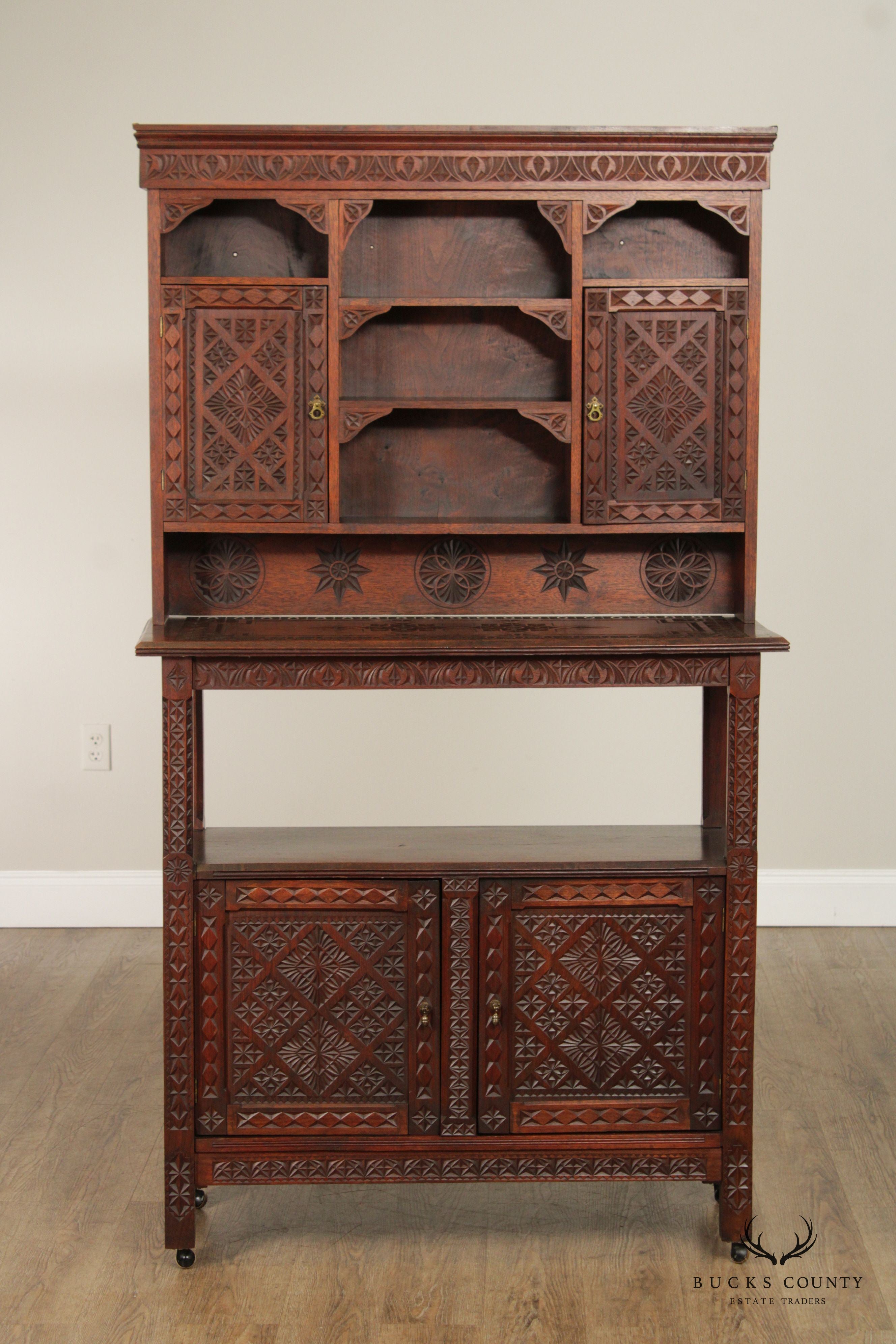 Vintage Moroccan Carved Hard Wood Two-Piece Server Cabinet