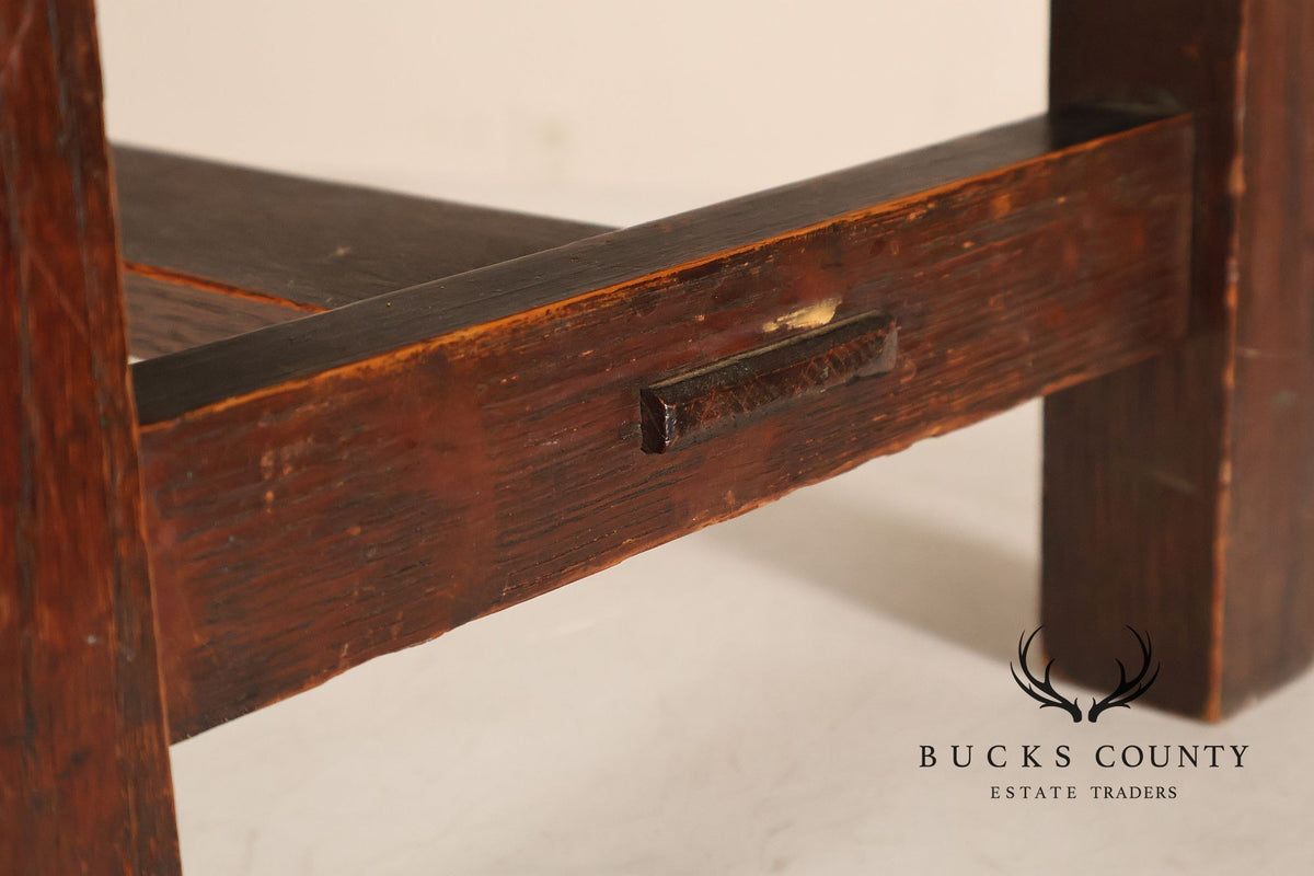 Arts And Crafts Oak Footstool With Leather Upholstered Seat