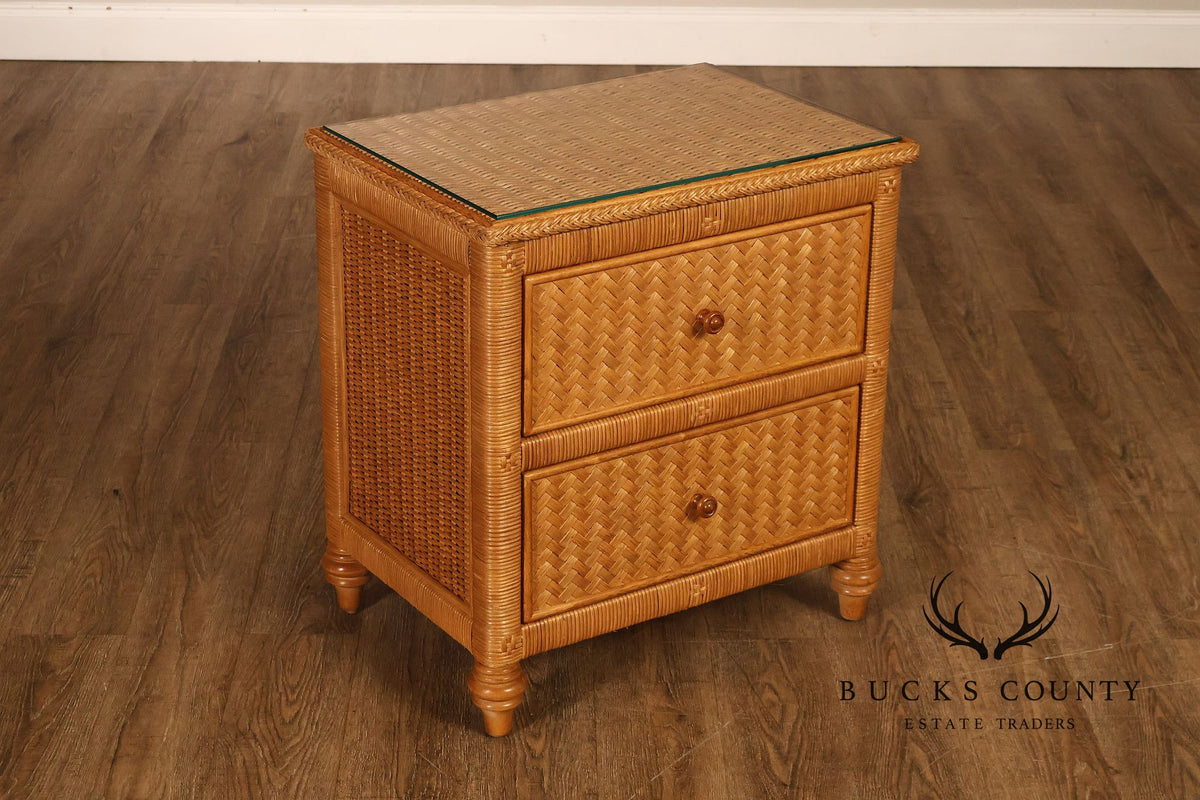Coastal Style Pair Of Wicker And Cane Two Drawer Nightstands With Glass Tops