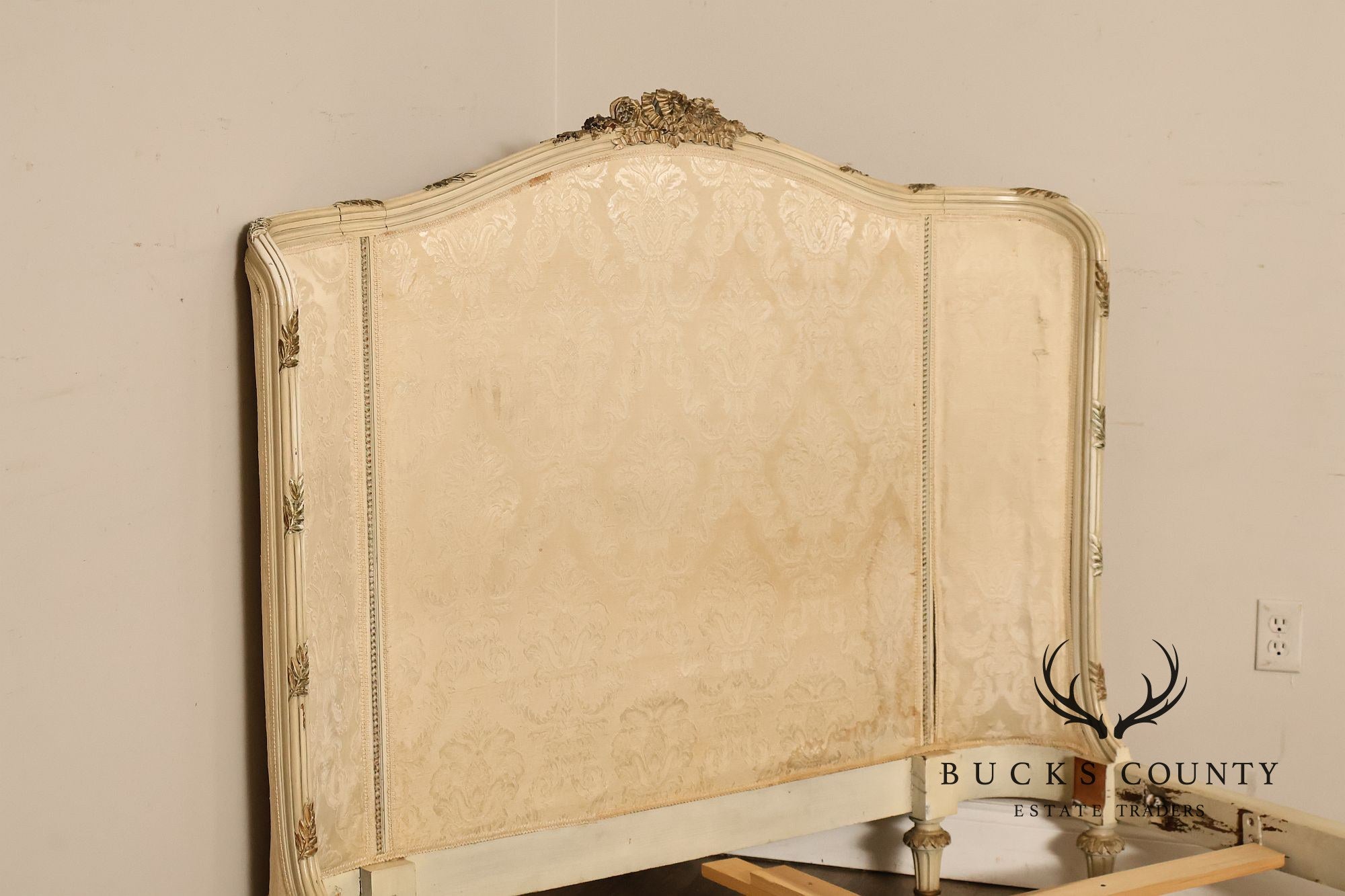Antique French Louis XVI Style Painted & Upholstered Full Size Bed Frame