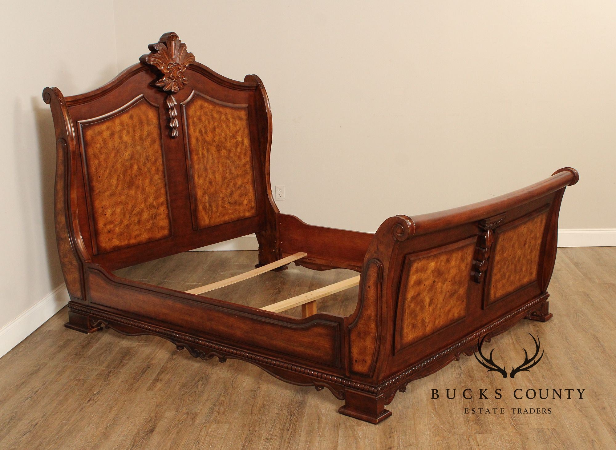 Renaissance Revival Style Queen Size Burl Wood Sleigh Bed