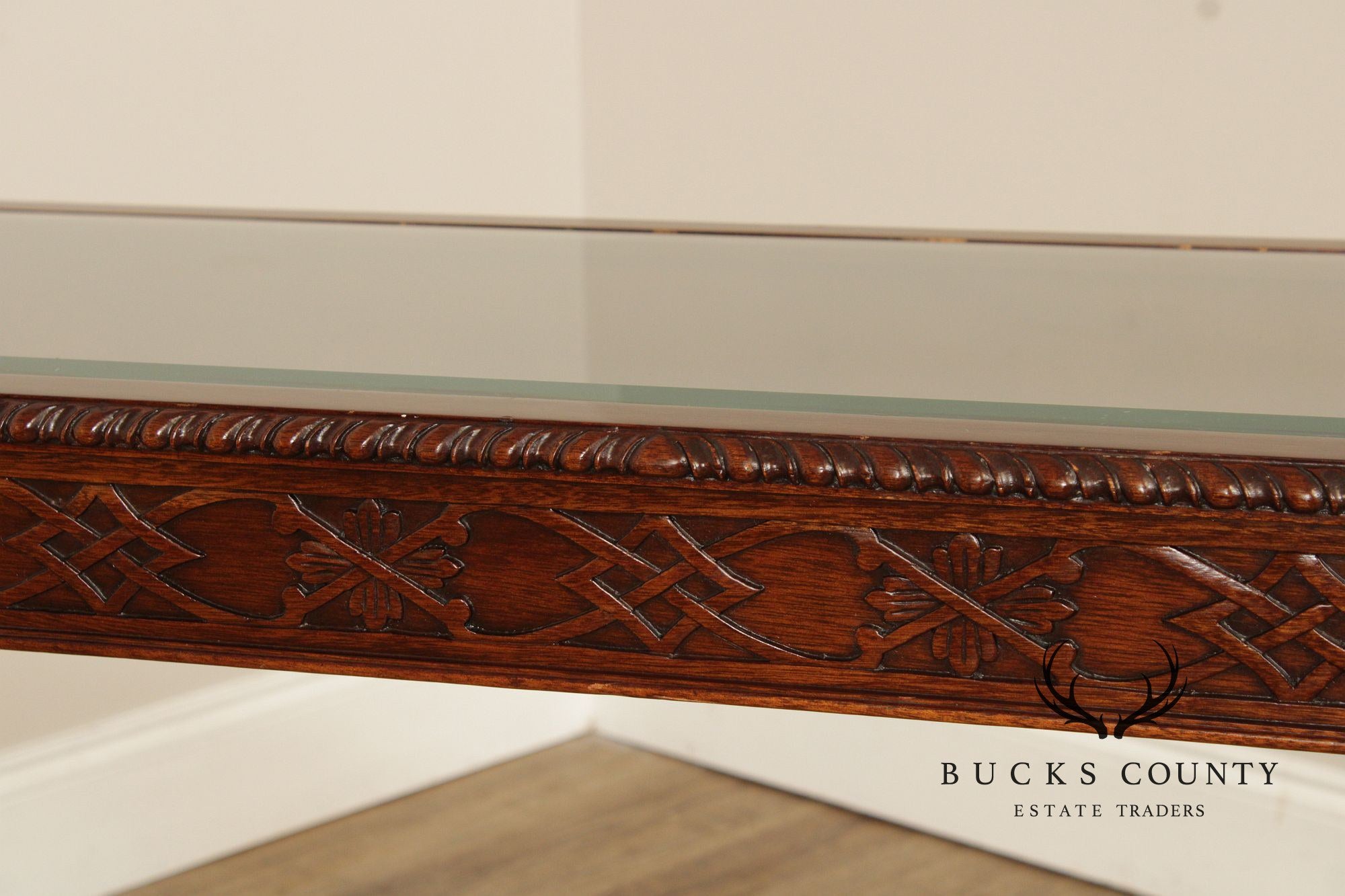 Chinese Chippendale Style Glass Top Mahogany Console Table