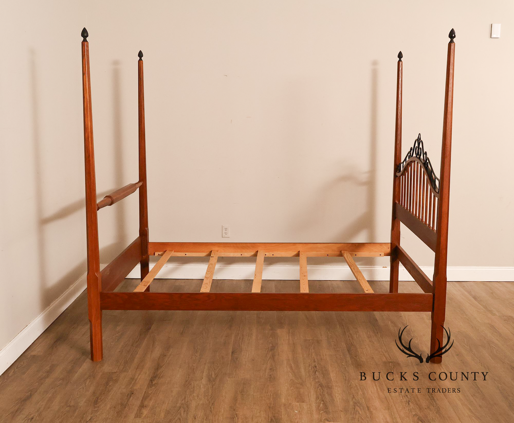 Keller Traditional Solid Oak And Scrolled Iron Queen Poster Bed