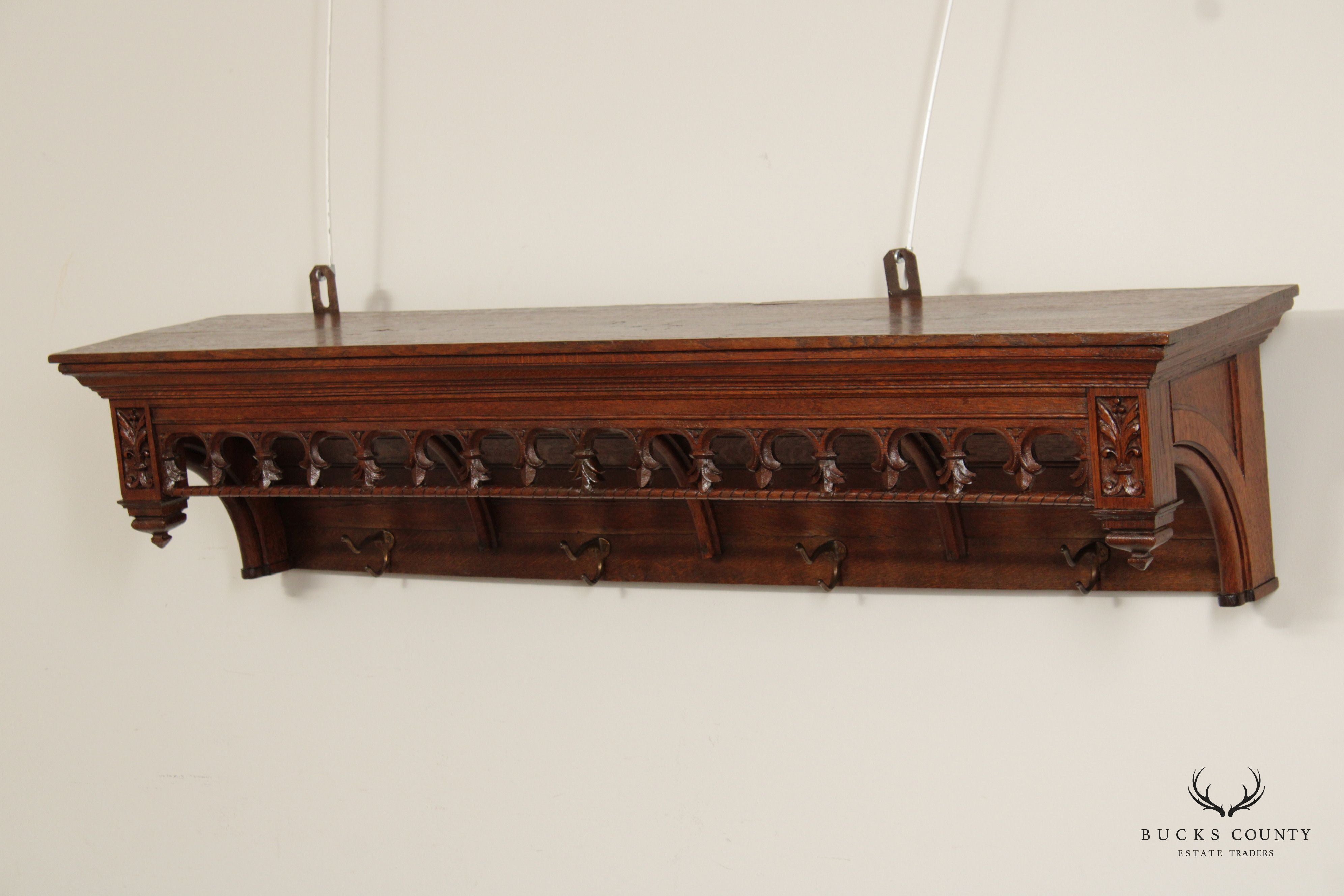 Antique French Gothic Revival Carved Oak Coat Rack Wall Shelf