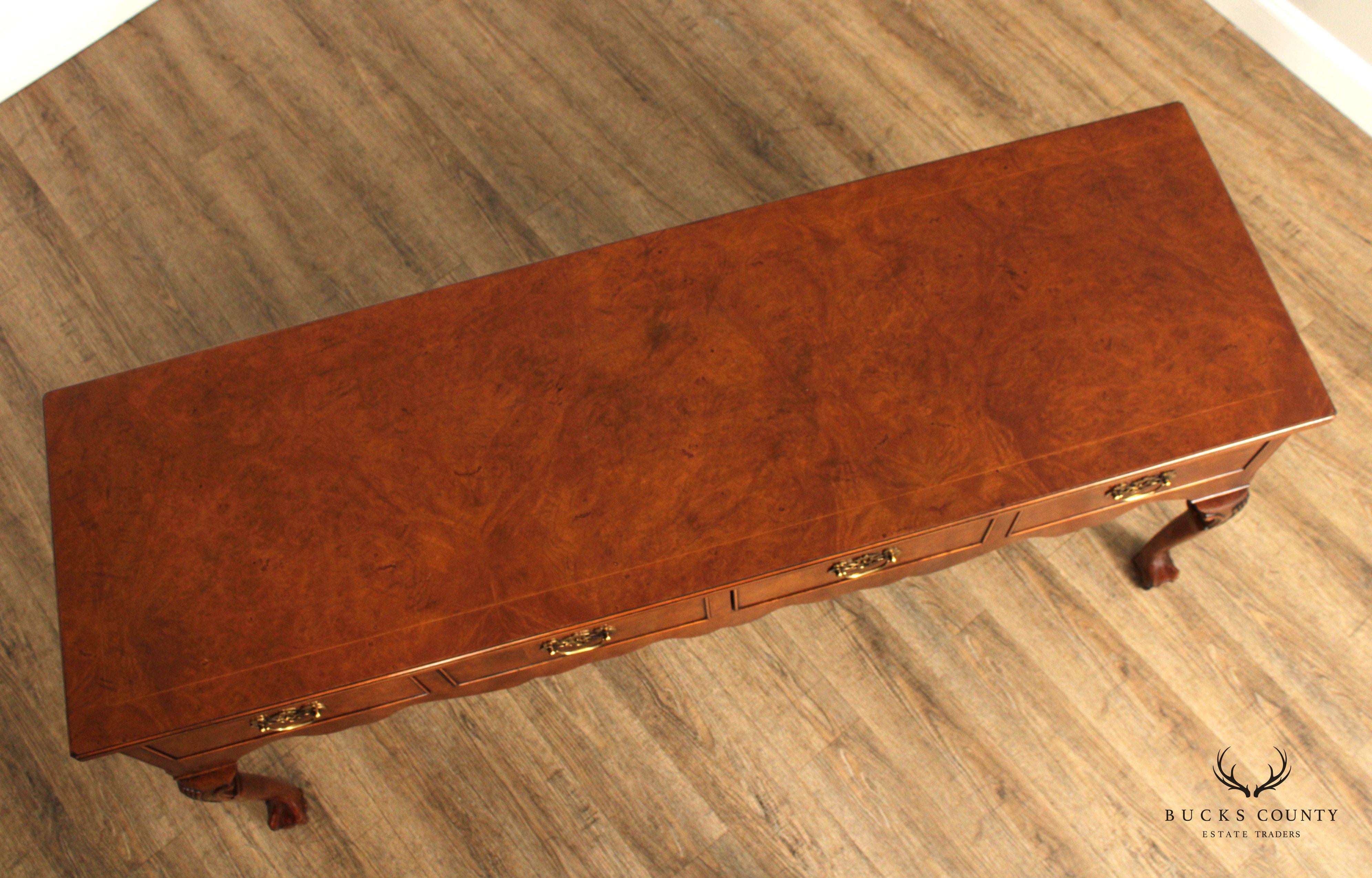 Georgian Style Carved Four Drawer Burl Walnut Sideboard