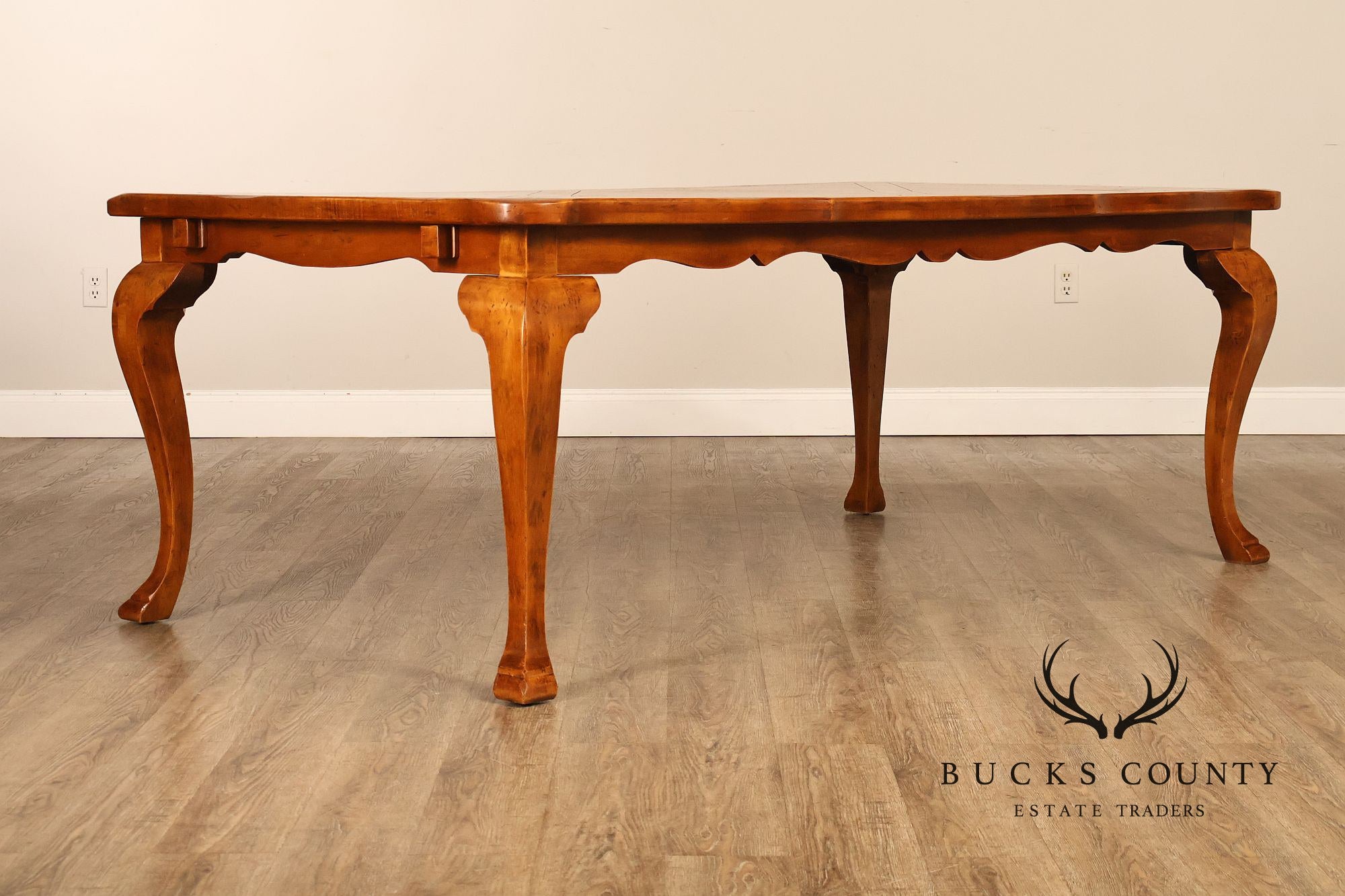 French Provincial Style Parquetry Top Dining Table with Scalloped Apron and Cabriole Legs