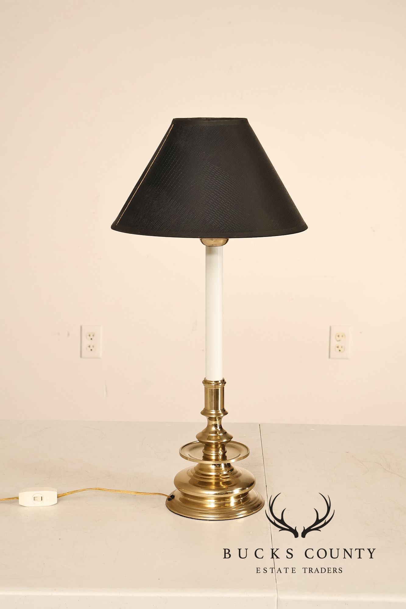 Pair of Brass Candlestick Style Table Lamps with Black Faux Alligator Shades