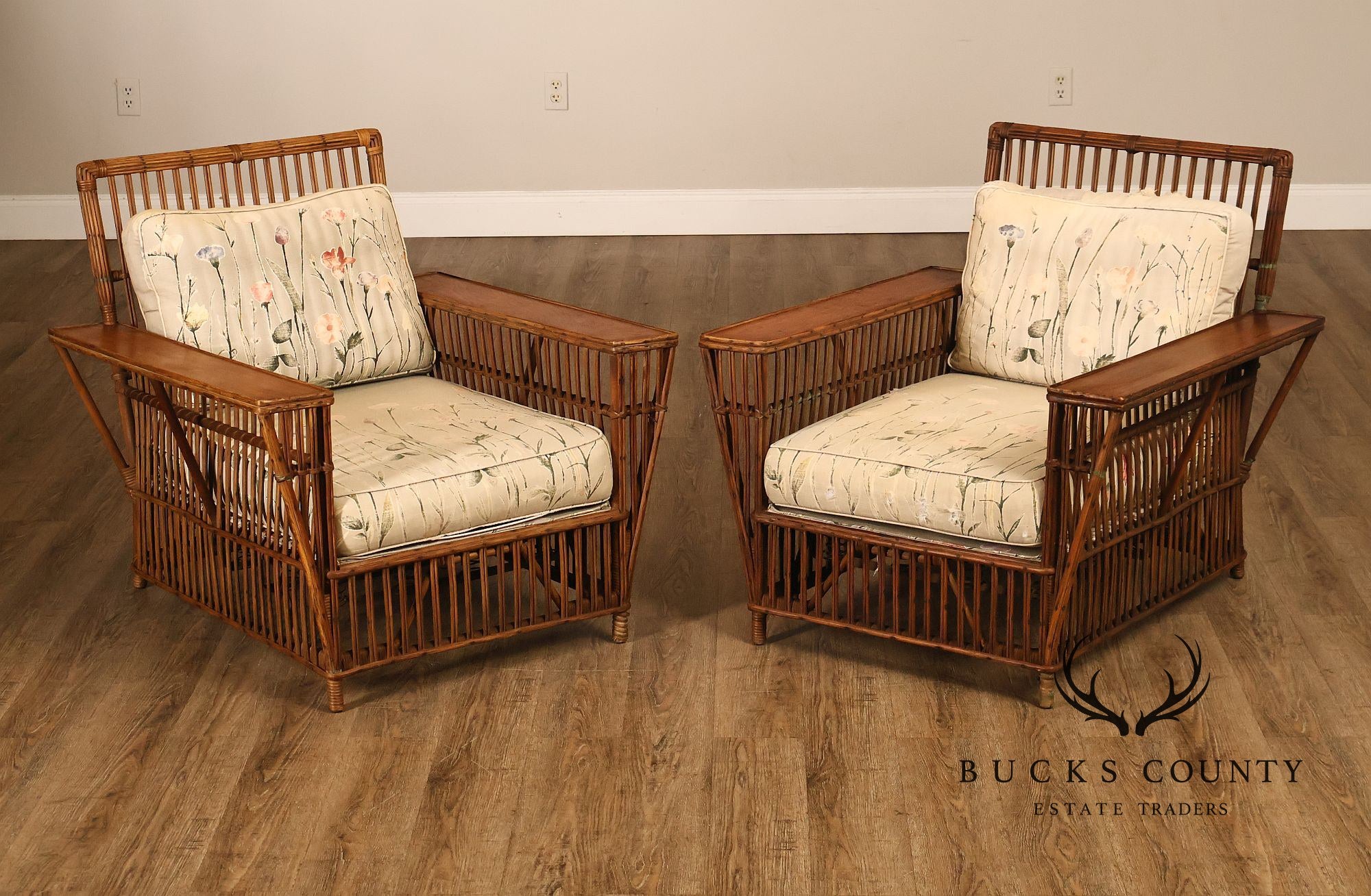 Antique Pair Of Split Reed Rattan Lounge Chairs