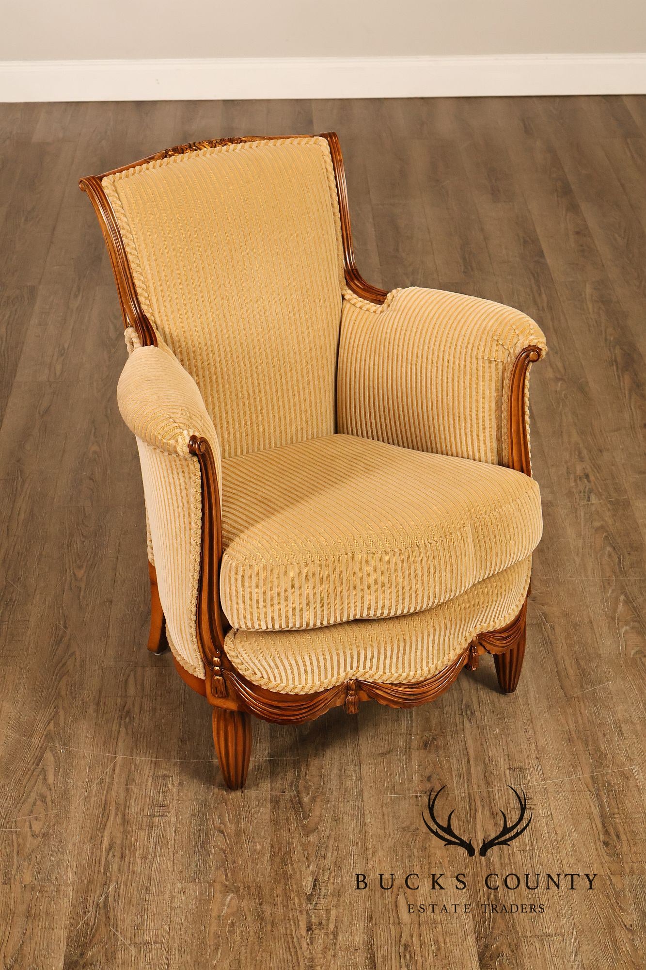 Medea Furniture Pair of  Louis XVI Style Carved Bergere Armchairs With Gold Striped Velvet Upholstery