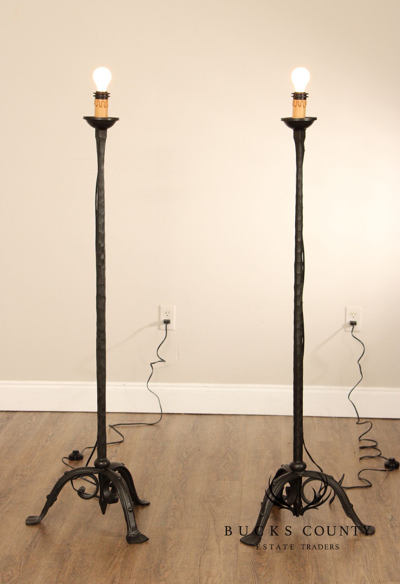 Gothic Revival Style Pair of Forged Iron Torchiere Floor Lamps