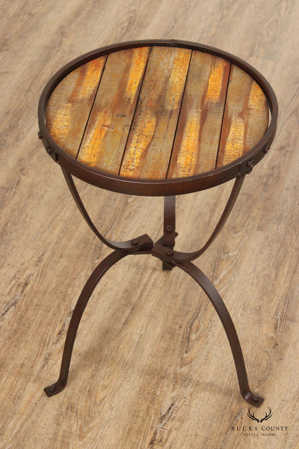 Industrial Style Iron And Round Wood Top Side Table