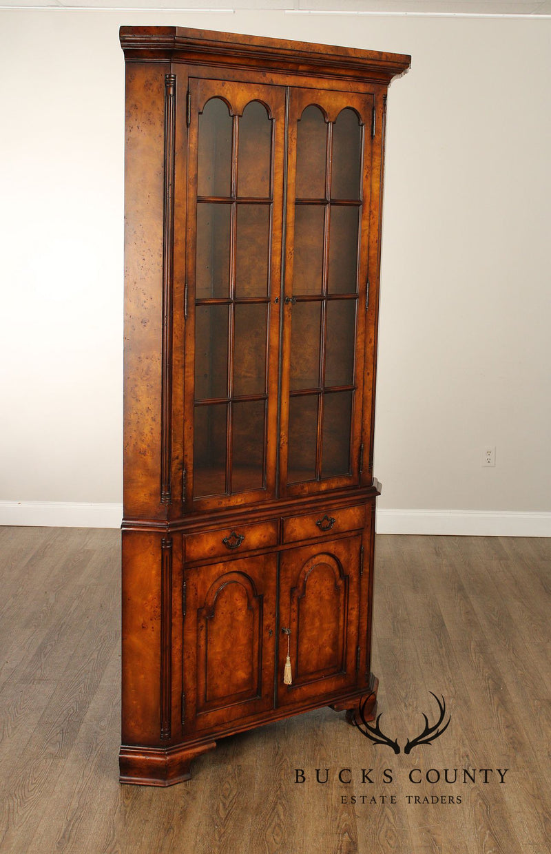 Theodore Alexander Georgian Style Pair of Burlwood Corner Cabinets
