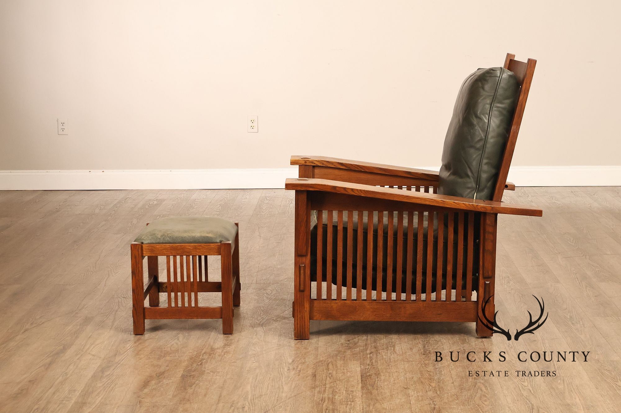 Stickley Mission Collection Oak Bent Arm Morris Chair and Ottoman