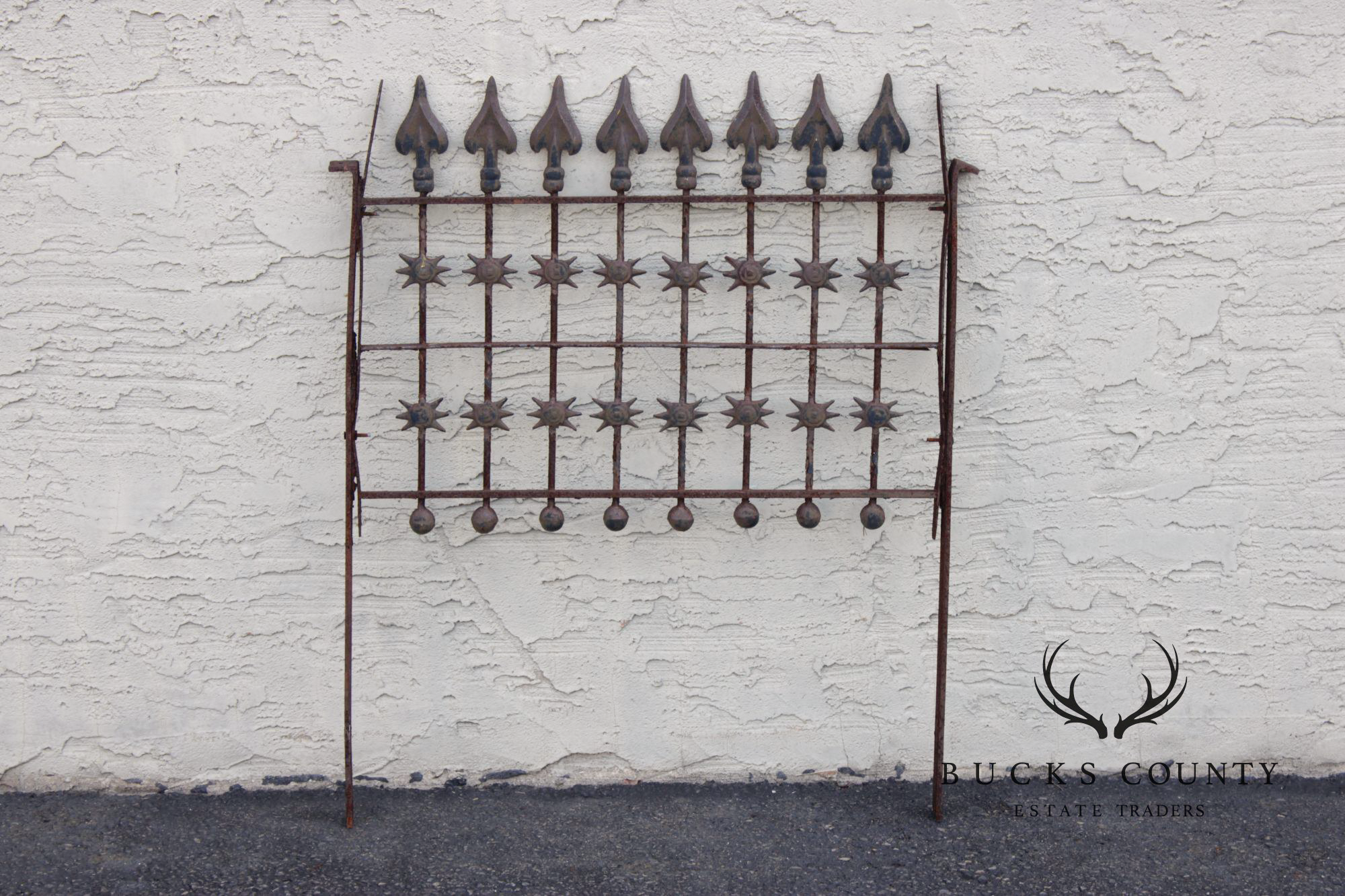 Antique Cast Iron Garden Fence Section With Spear Finials And Star Motif