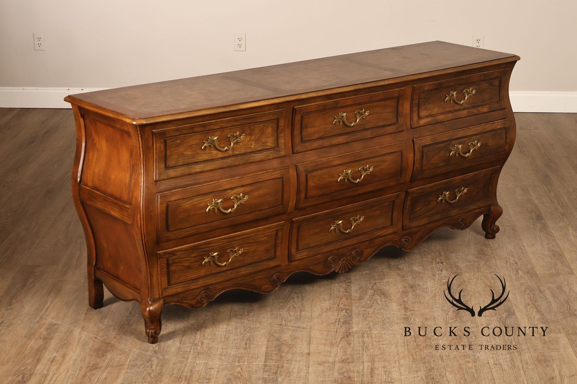 Baker Furniture Company Burl Wood Long Bombe Dresser
