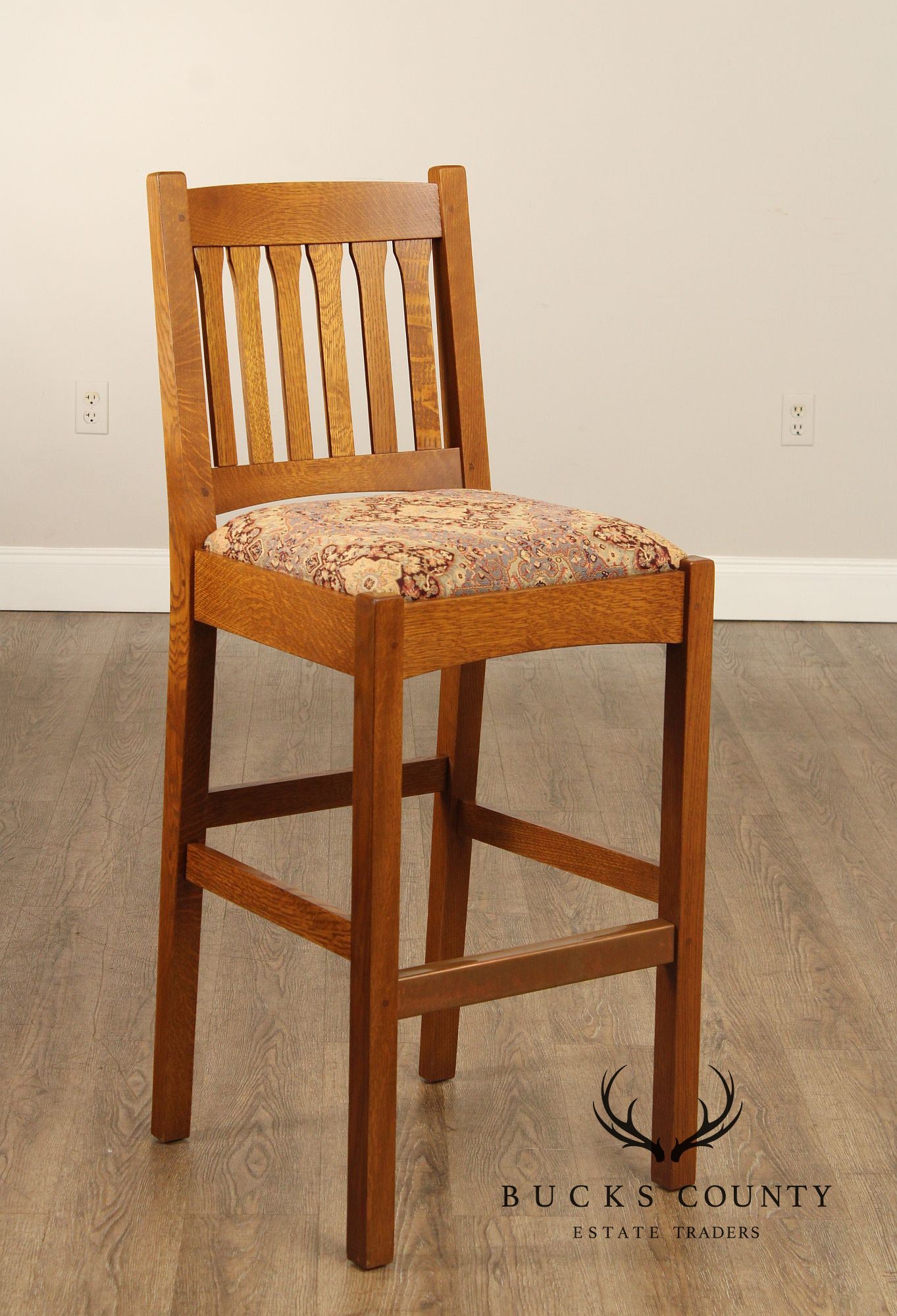 Stickley Mission Collection Oak Slat Back Bar Stool