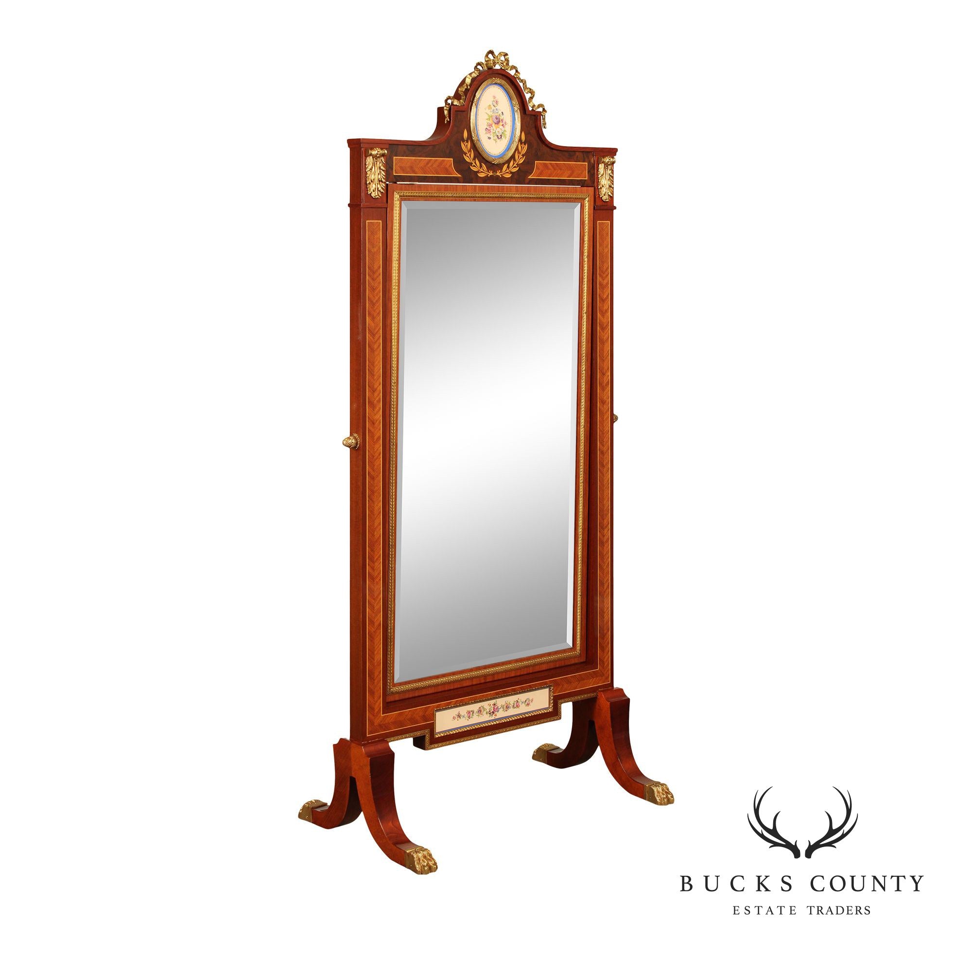 French Empire Style Fine Inlaid Gilt Bronze Cheval Mirror