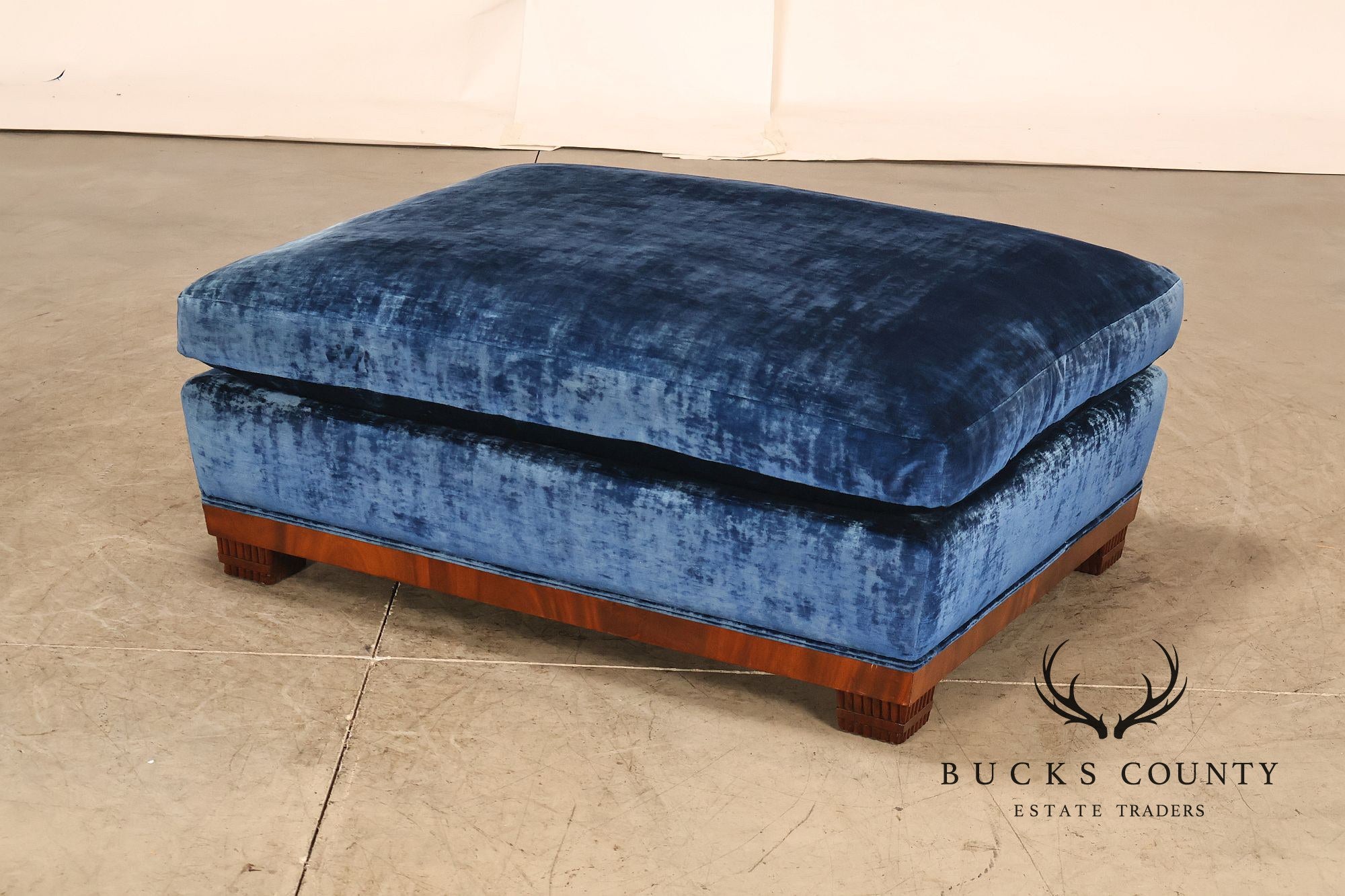 Art Deco Style Large Custom Blue Velvet and Mahogany Ottoman