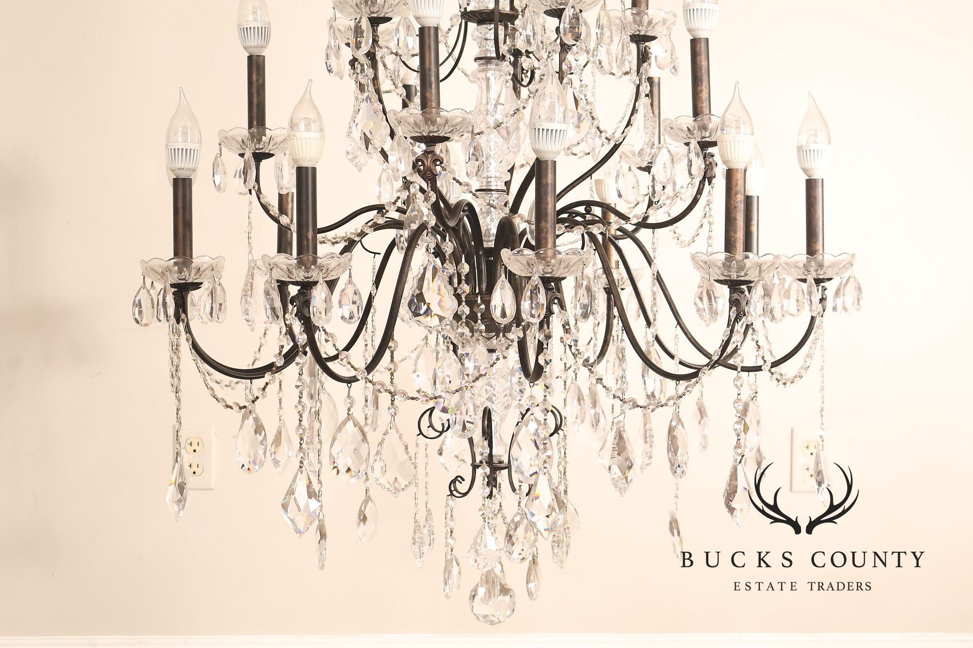 Large Twenty-Light Crystal And Wrought Iron 55" Chandelier