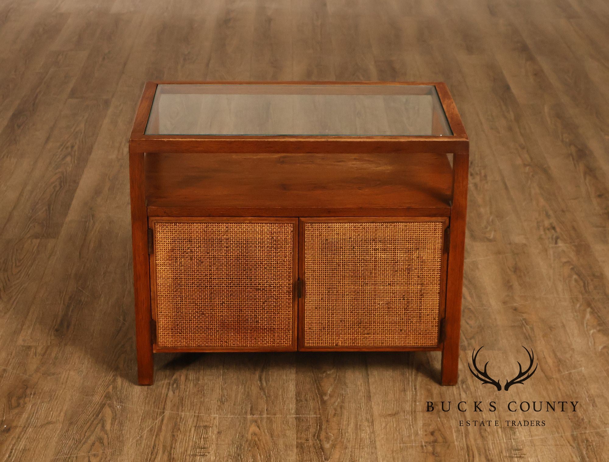 Mid-Century Modern Glass Top Walnut and Cane Side Cabinet