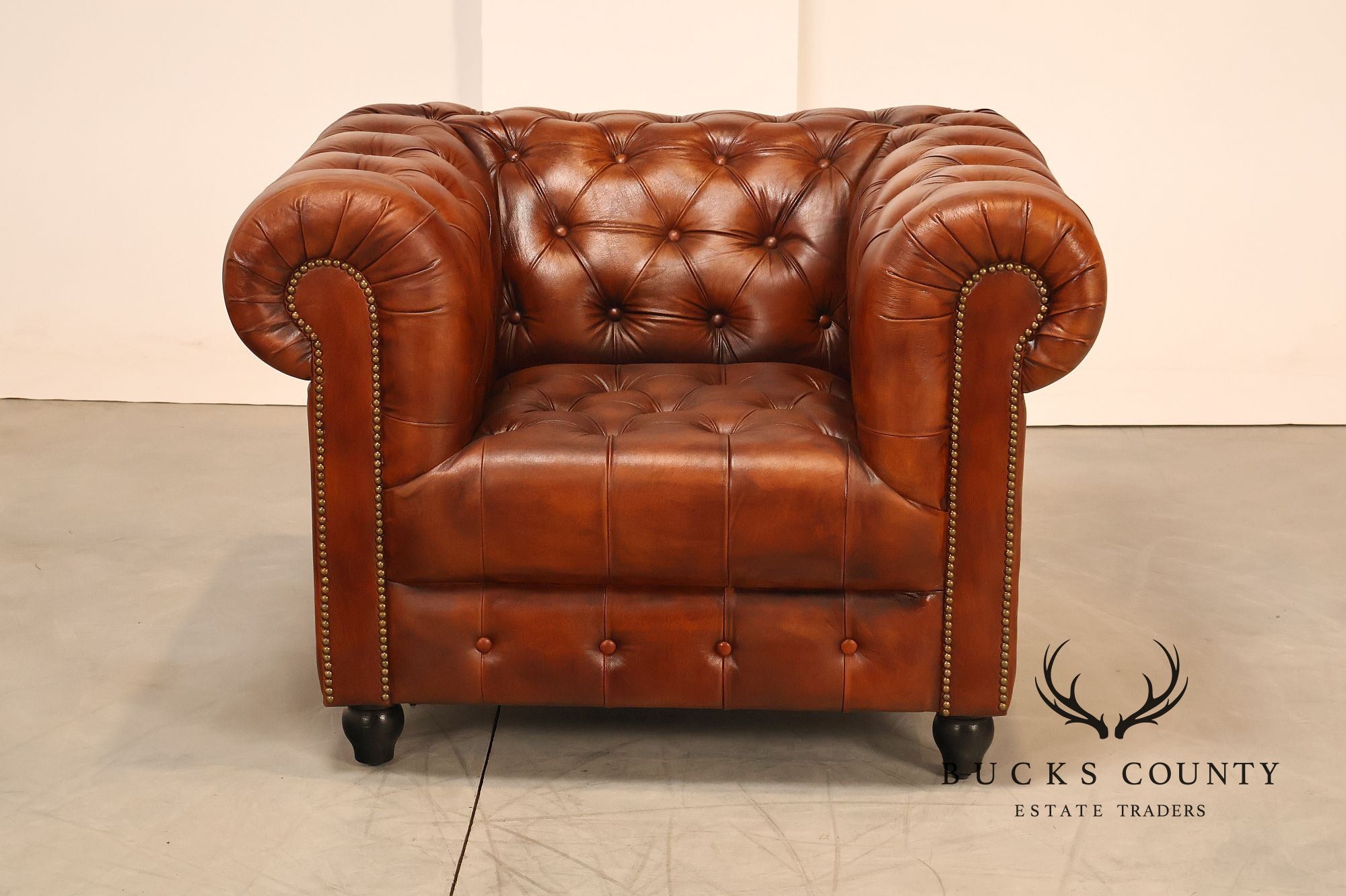 Chesterfield Style Pair of Brown Leather Club Chairs