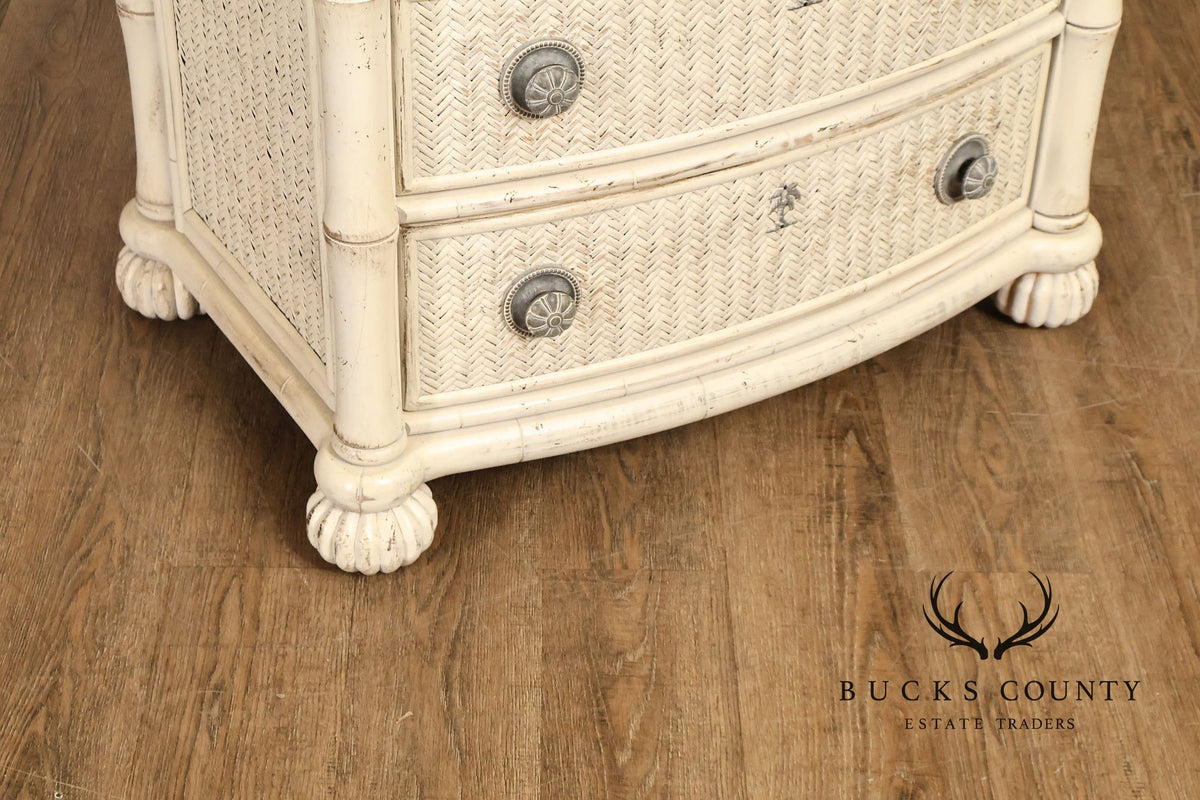 Pair Of Tommy Bahama By Lexington Painted Woven Rattan Three Drawer Nightstands