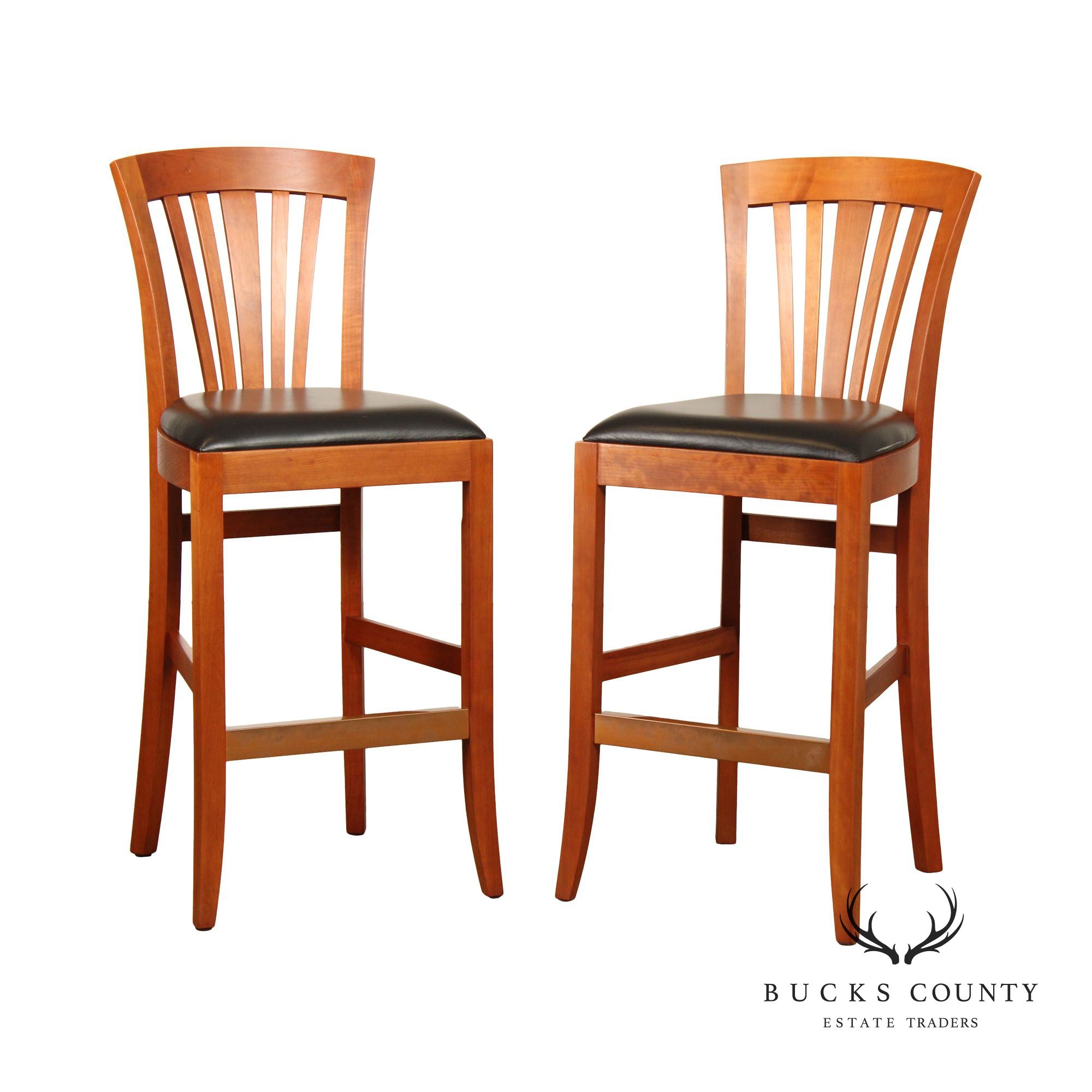 Stickley Metropolitan Collection Pair of Cherry and Leather Bar Stools