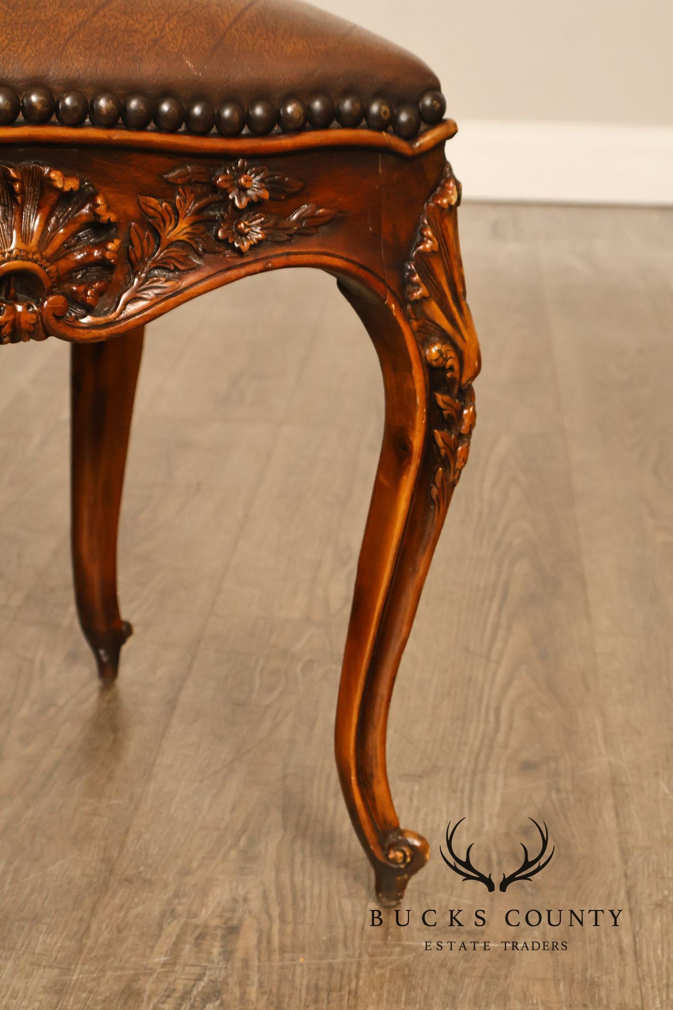 Rococo Style Leather Upholstered Carved Mahogany Window Bench